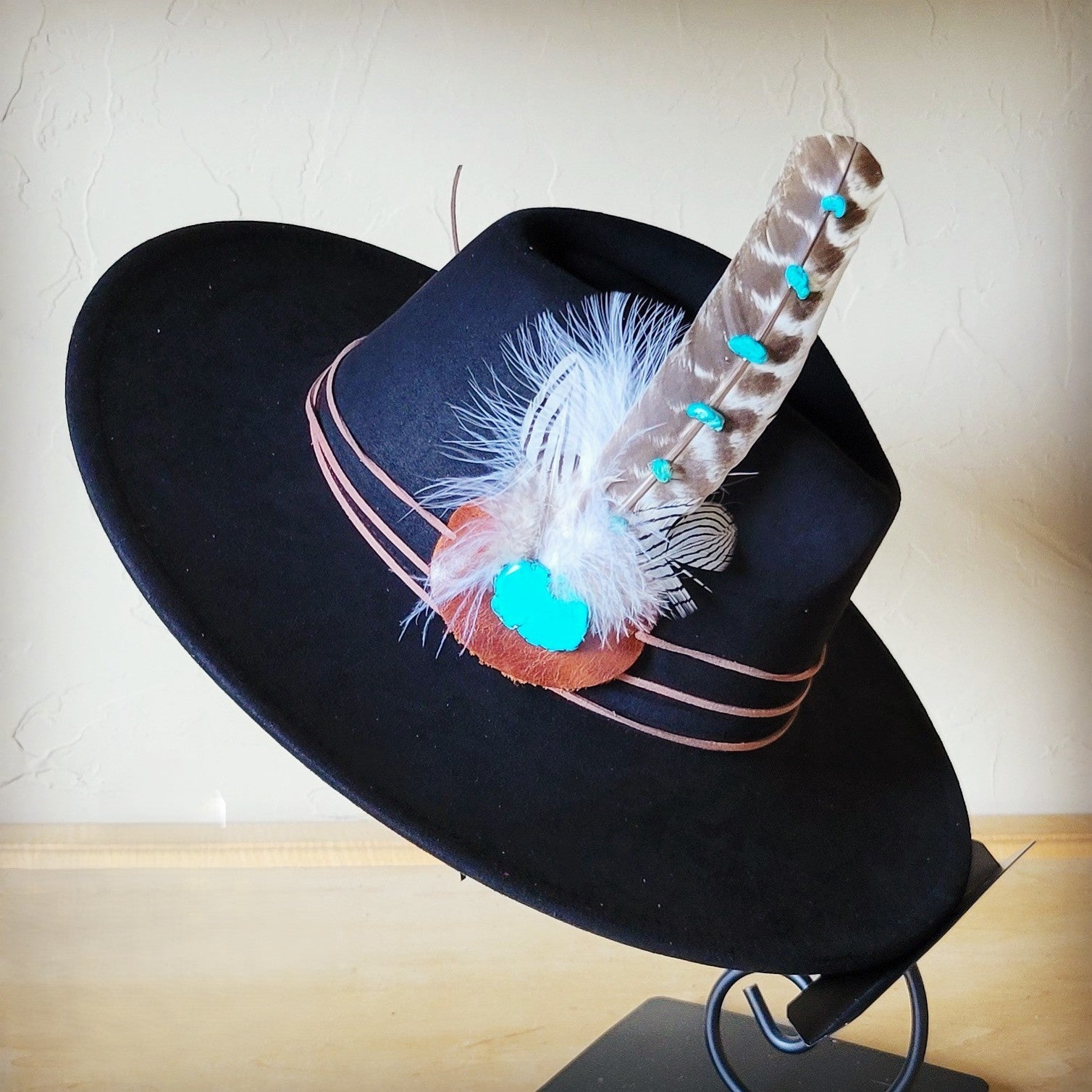Turquoise Accent Turkey Feather &amp; Leather Hat Band Only 952d