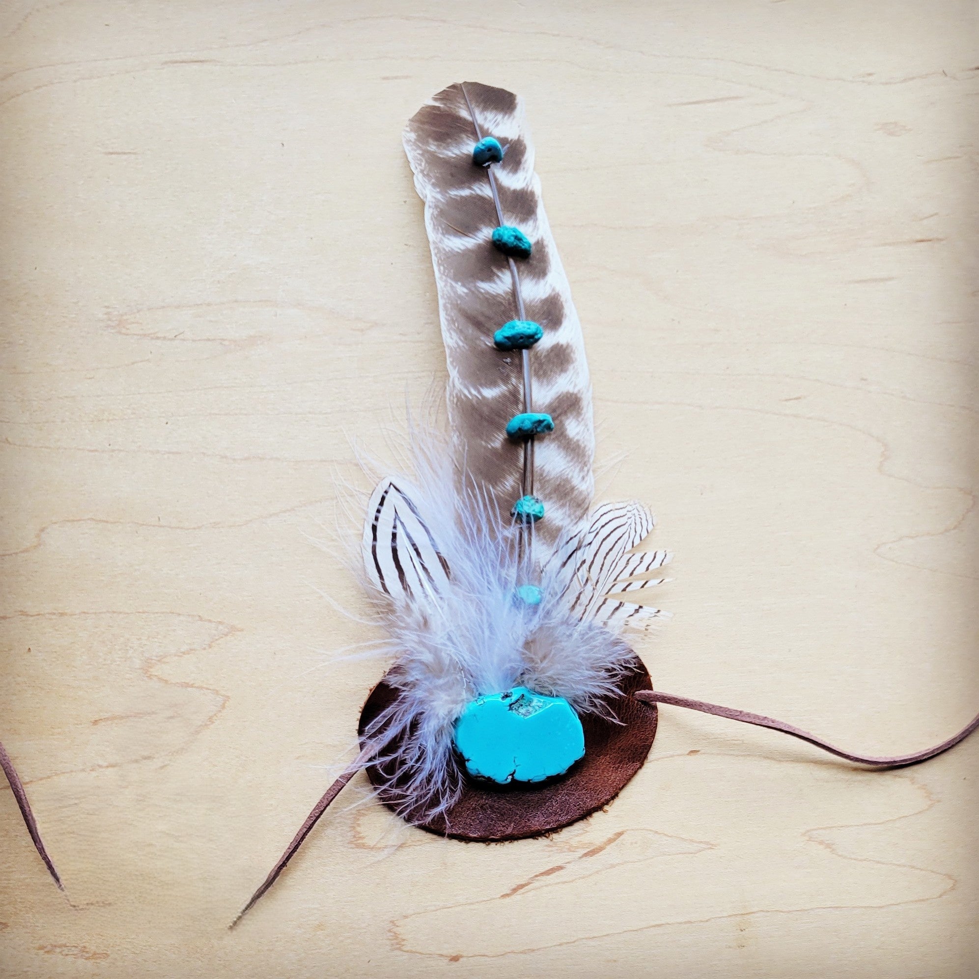 Turquoise Accent Turkey Feather &amp; Leather Hat Band Only 952d