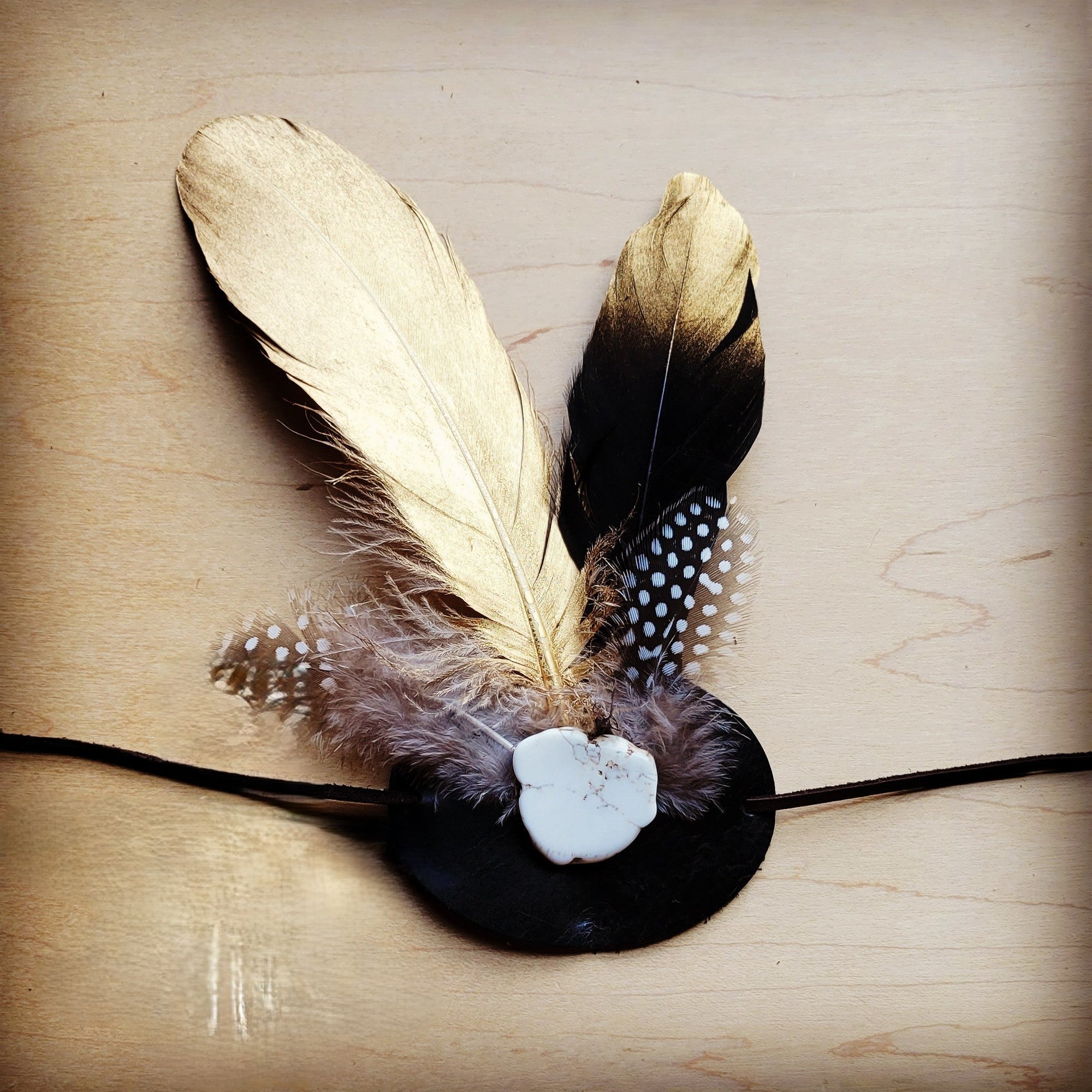 Gold Feather, White Stone &amp; Black Leather Hat Band (Band only) 983h