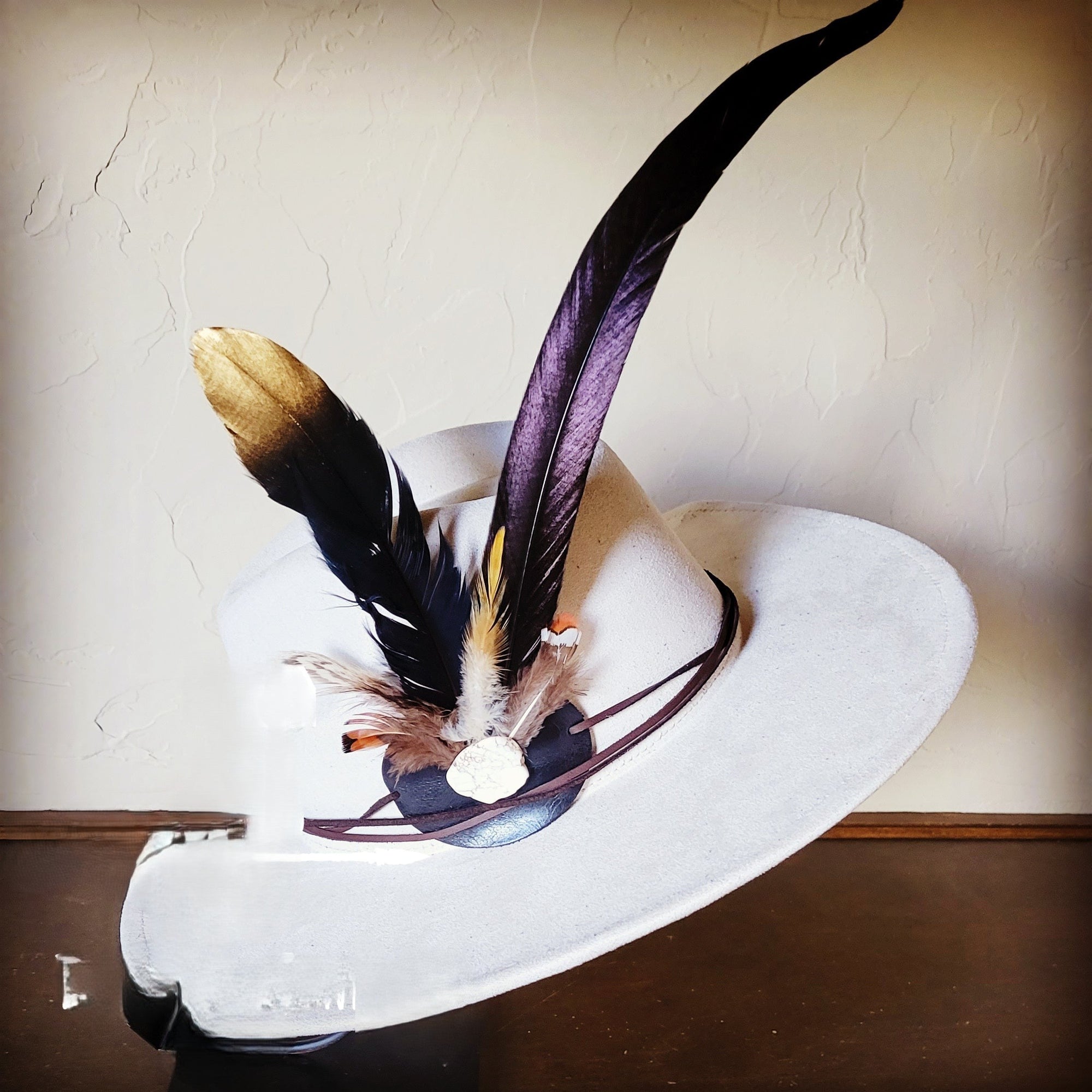 Long Black Gold Feather &amp; Turquoise Slab Hat Band + Choice of Hat 986e