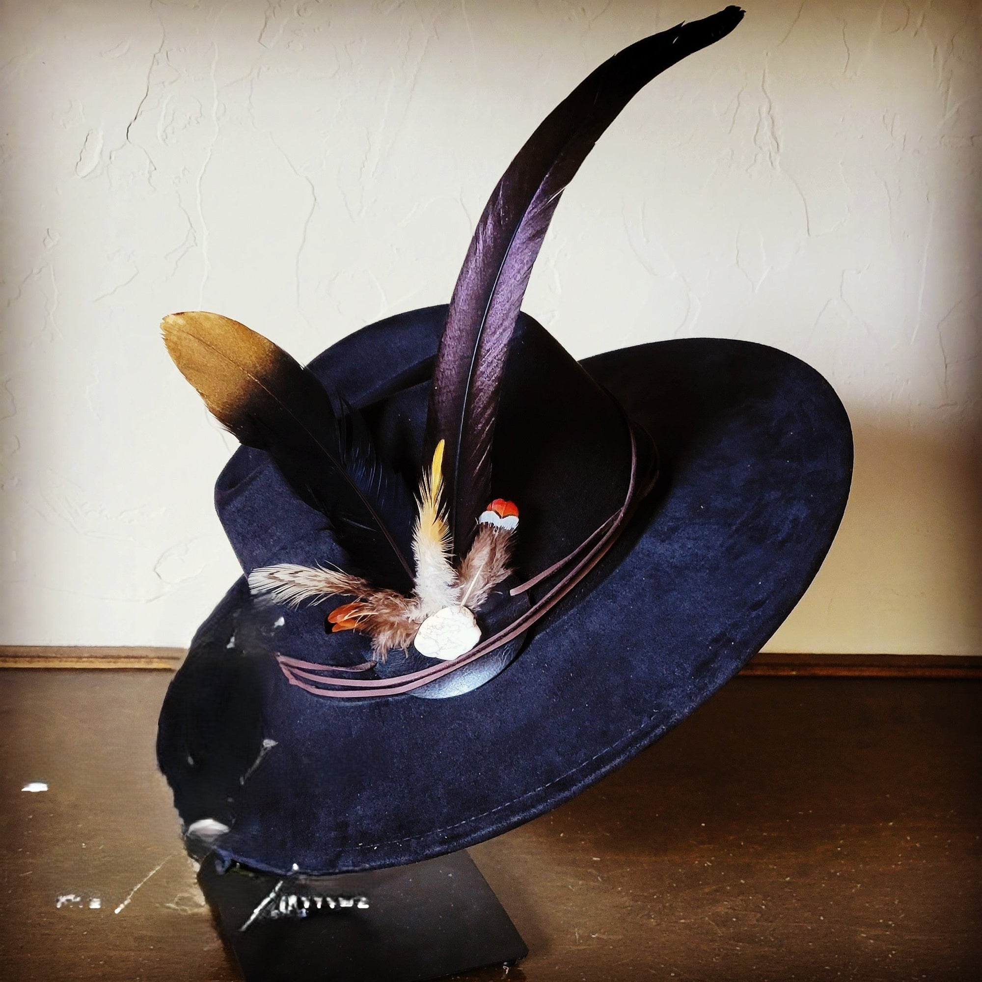 Long Black Gold Feather &amp; Turquoise Slab Hat Band + Choice of Hat 986e