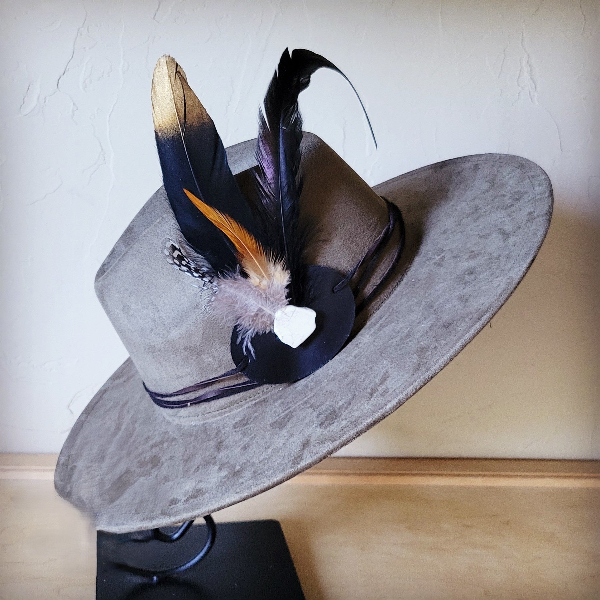 Long Black Gold Feather &amp; Turquoise Slab Hat Band + Choice of Hat 986e