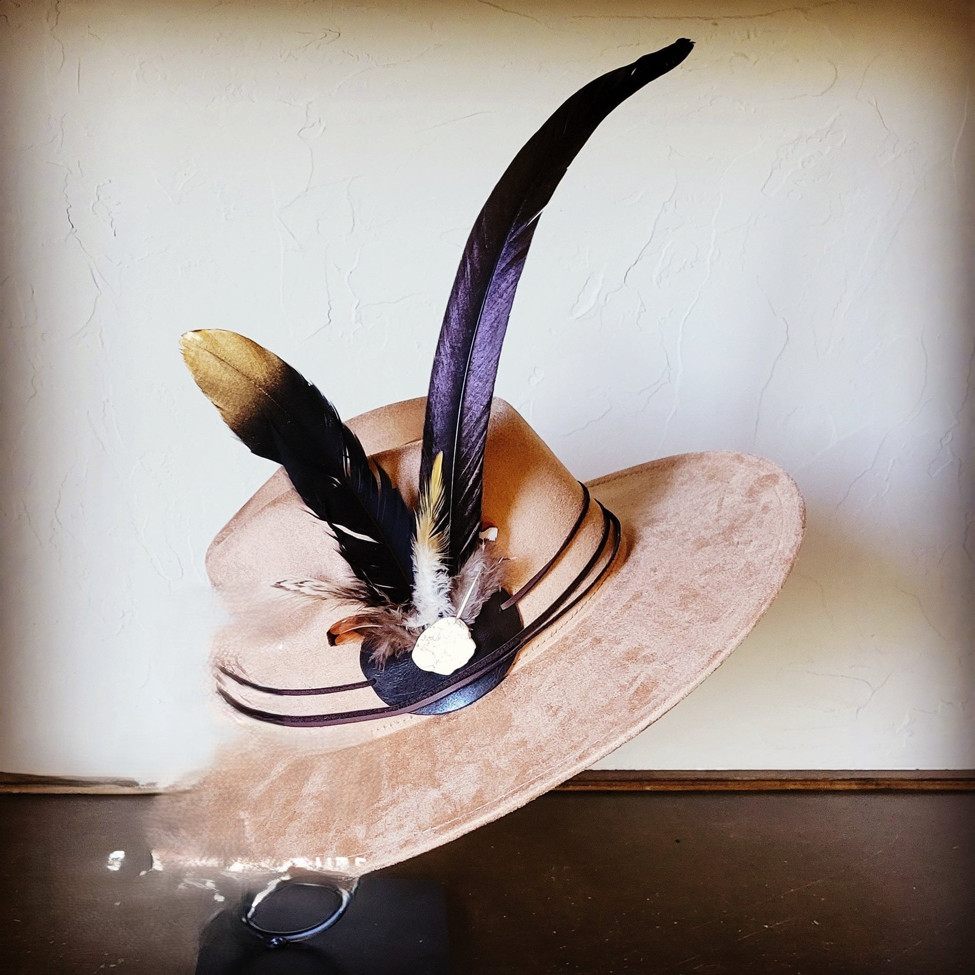 Long Black Gold Feather &amp; Turquoise Slab Hat Band + Choice of Hat 986e