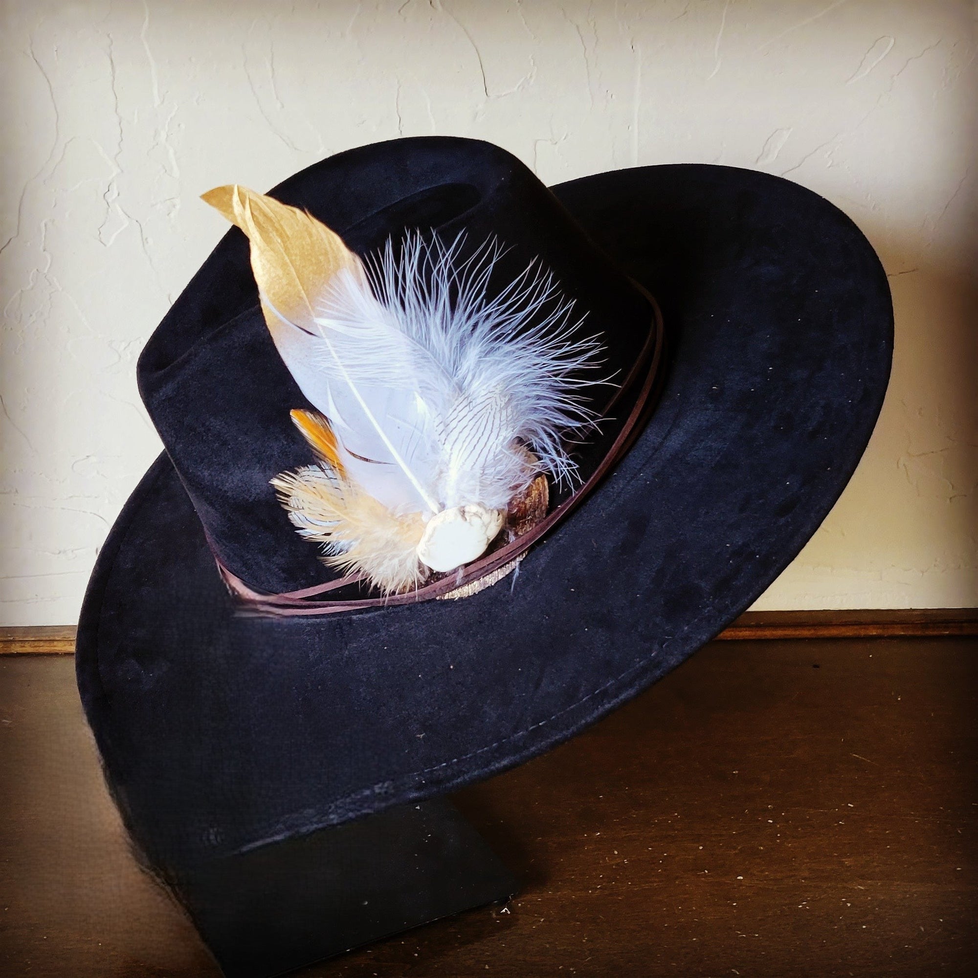 Dark Metallic Feather &amp; Turquoise Slab Hat Band + Choice of Hat 986d