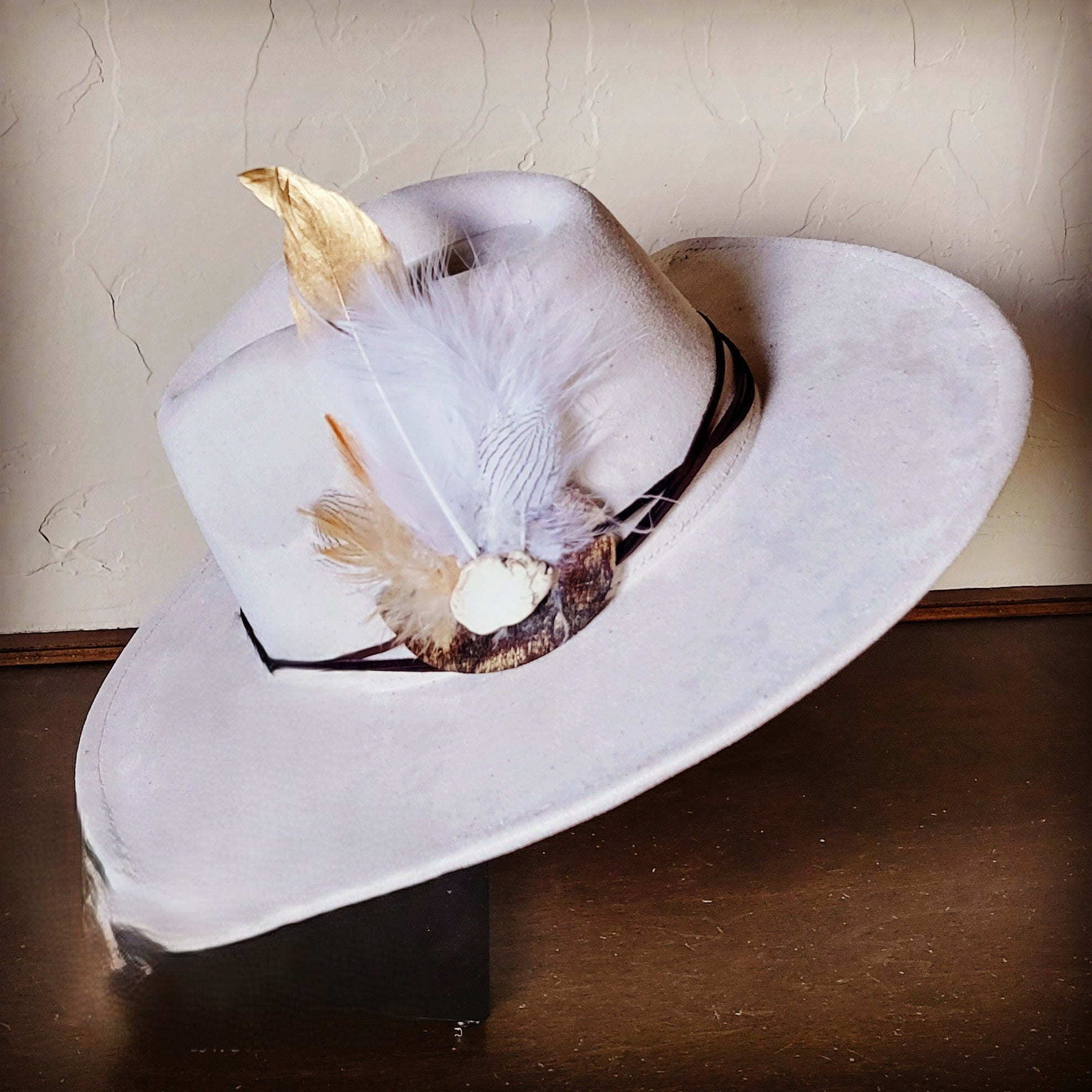 Dark Metallic Feather &amp; Turquoise Slab Hat Band + Choice of Hat 986d