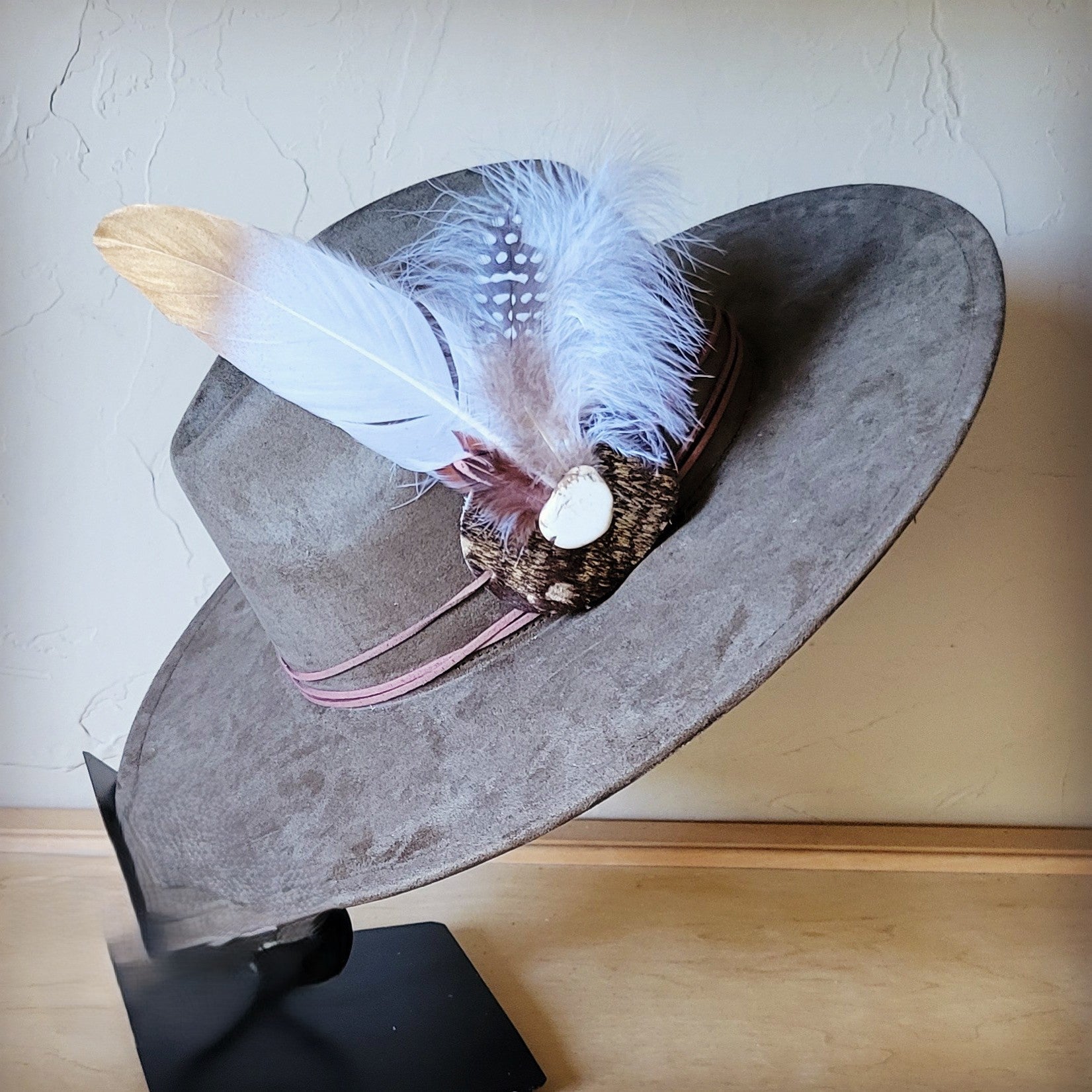 Dark Metallic Feather &amp; Turquoise Slab Hat Band + Choice of Hat 986d