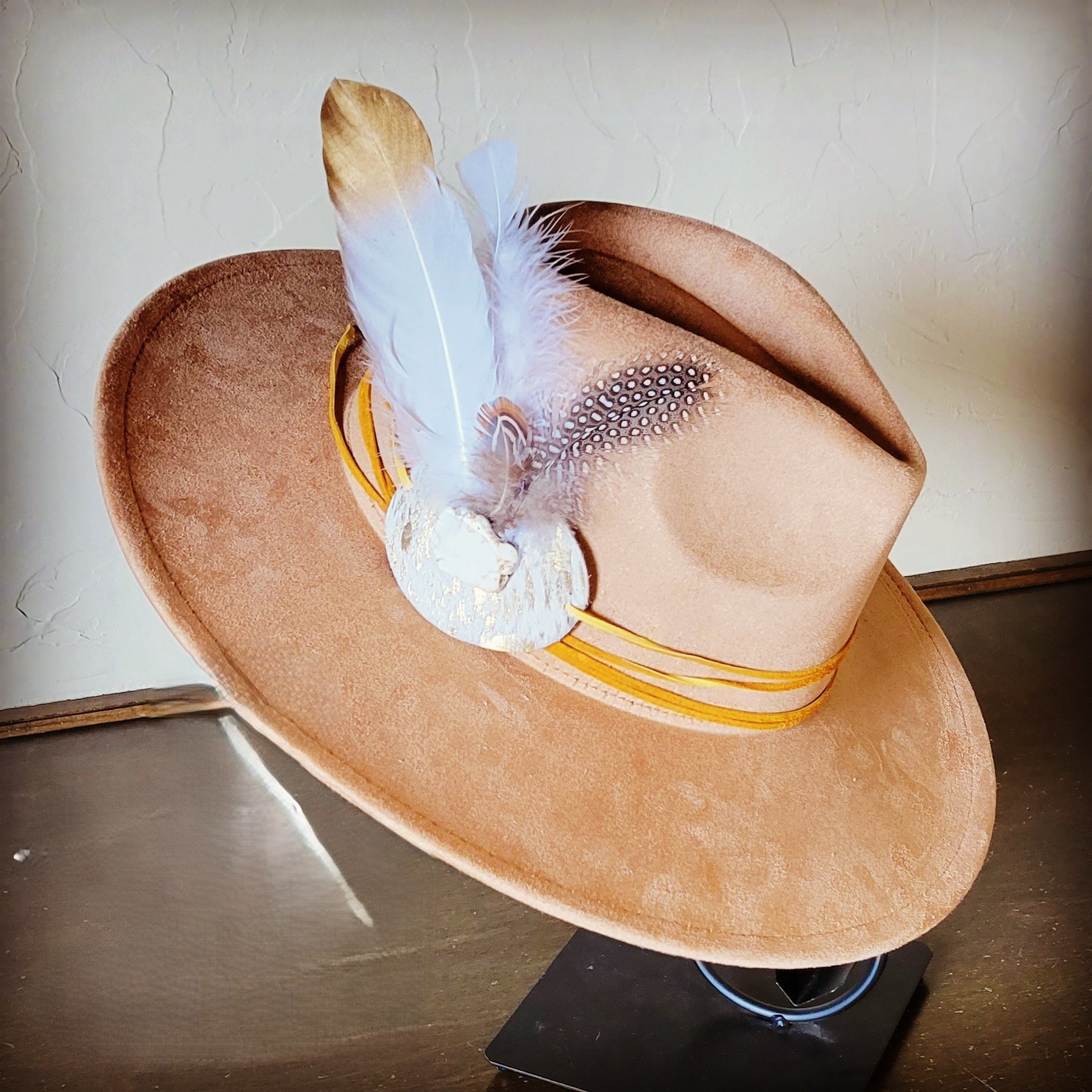 Cream Metallic Feather &amp; Turquoise Slab Hat Band + Choice of Hat 986c