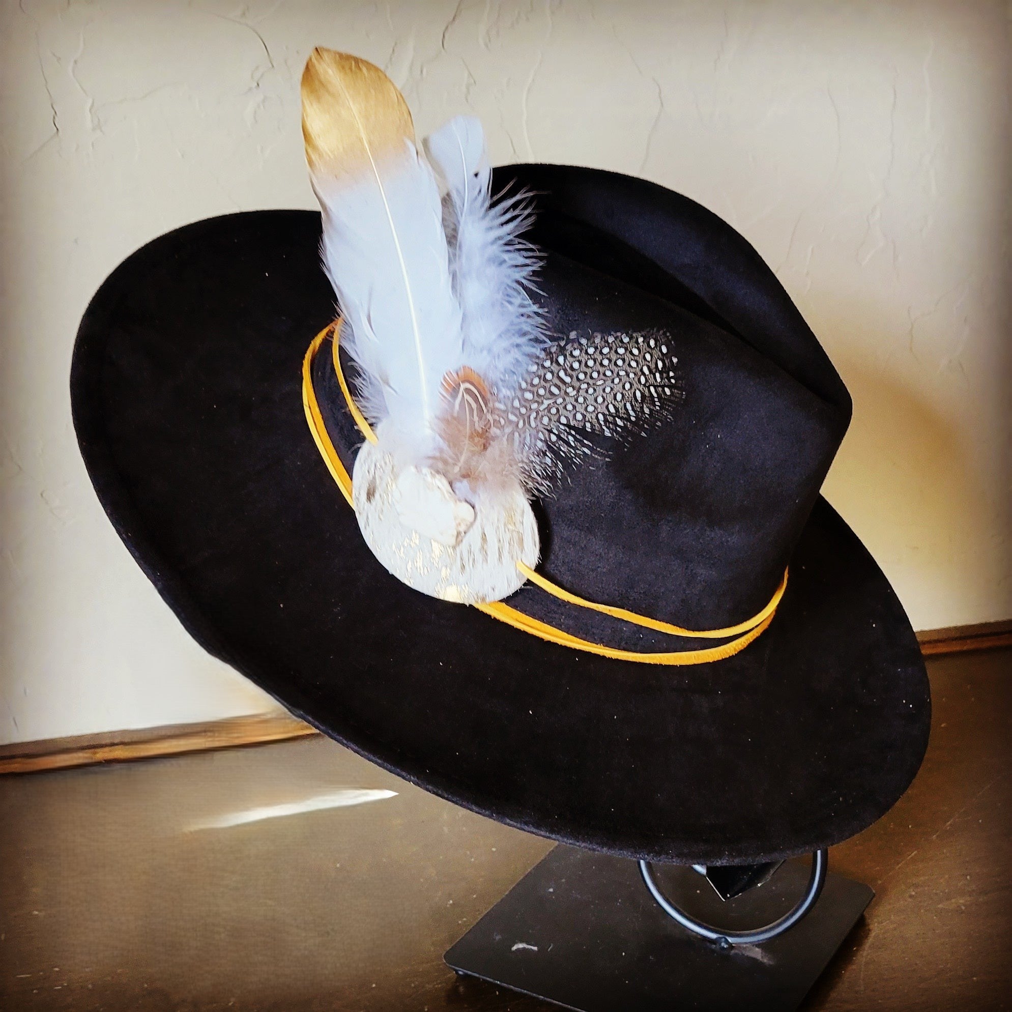 Cream Metallic Feather &amp; Turquoise Slab Hat Band + Choice of Hat 986c