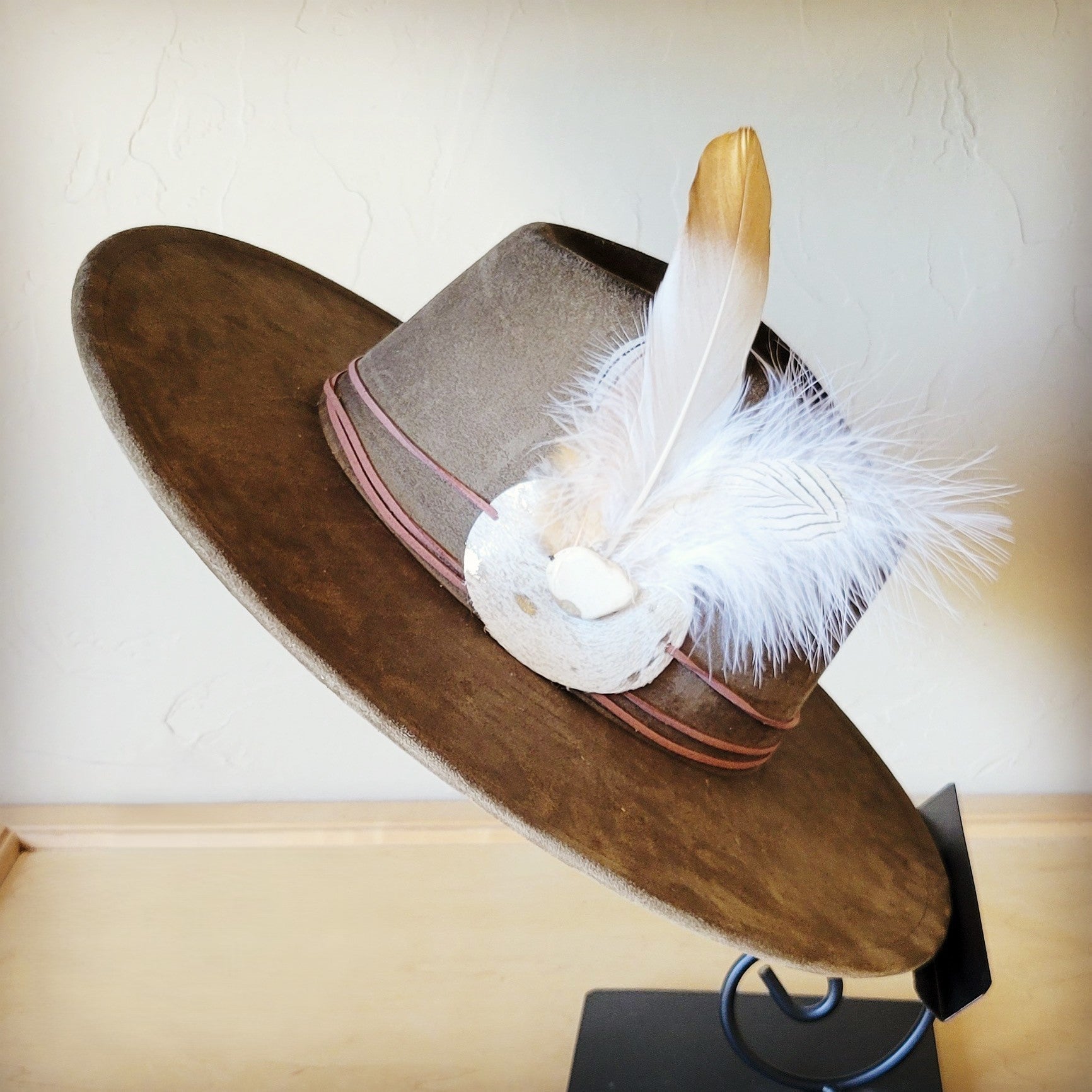 Cream Metallic Feather &amp; Turquoise Slab Hat Band + Choice of Hat 986c