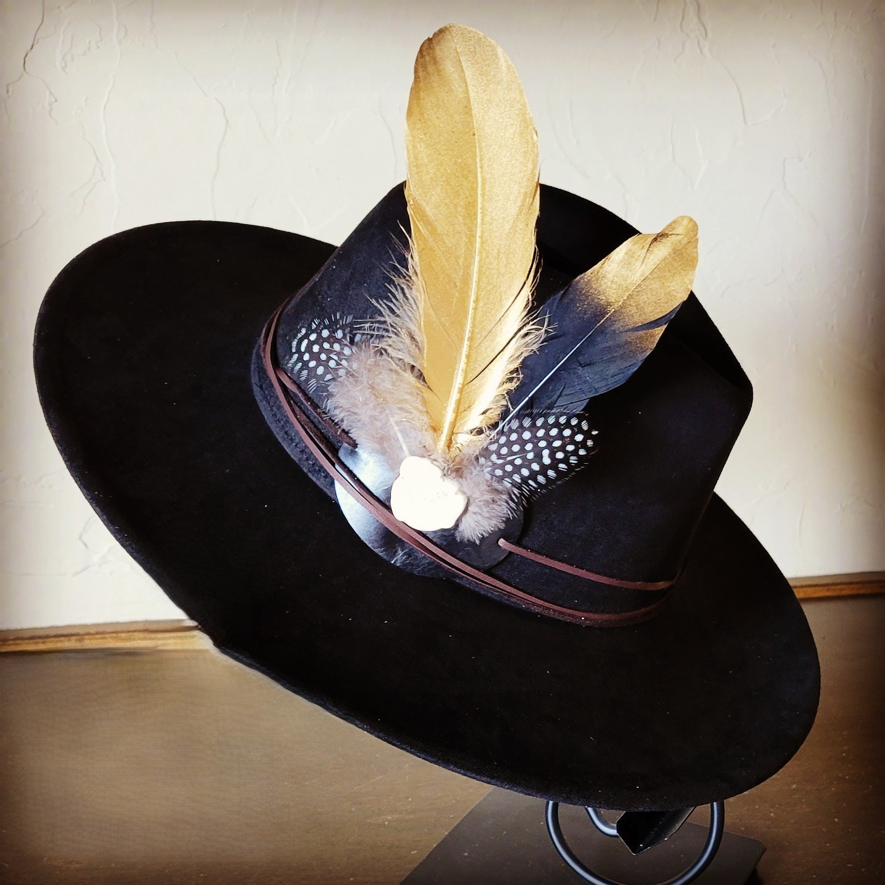 Black Gold Feather &amp; Turquoise Slab Hat Band + Choice of Hat 986b