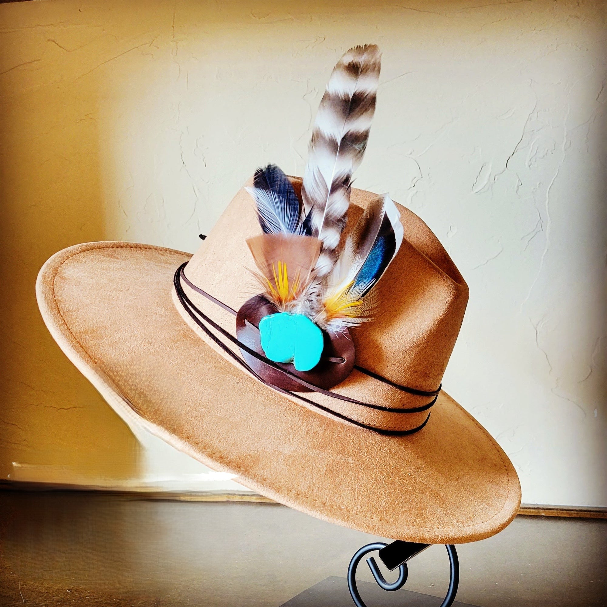Turkey Feather &amp; Turquoise Slab Hat Band + Choice of Hat 985z