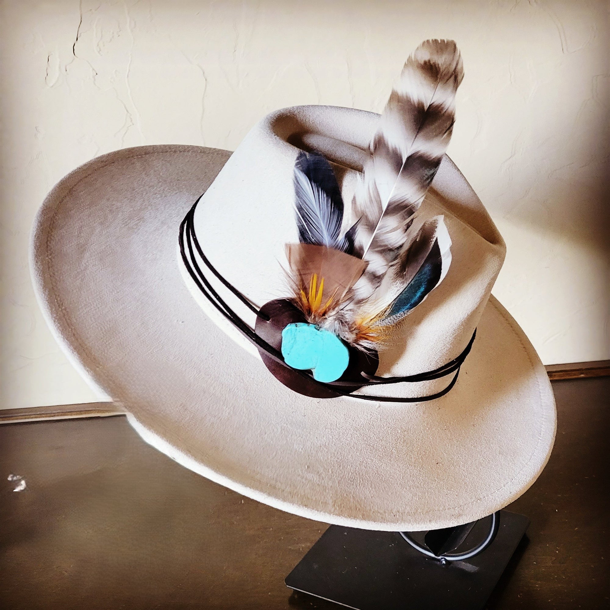 Turkey Feather &amp; Turquoise Slab Hat Band + Choice of Hat 985z