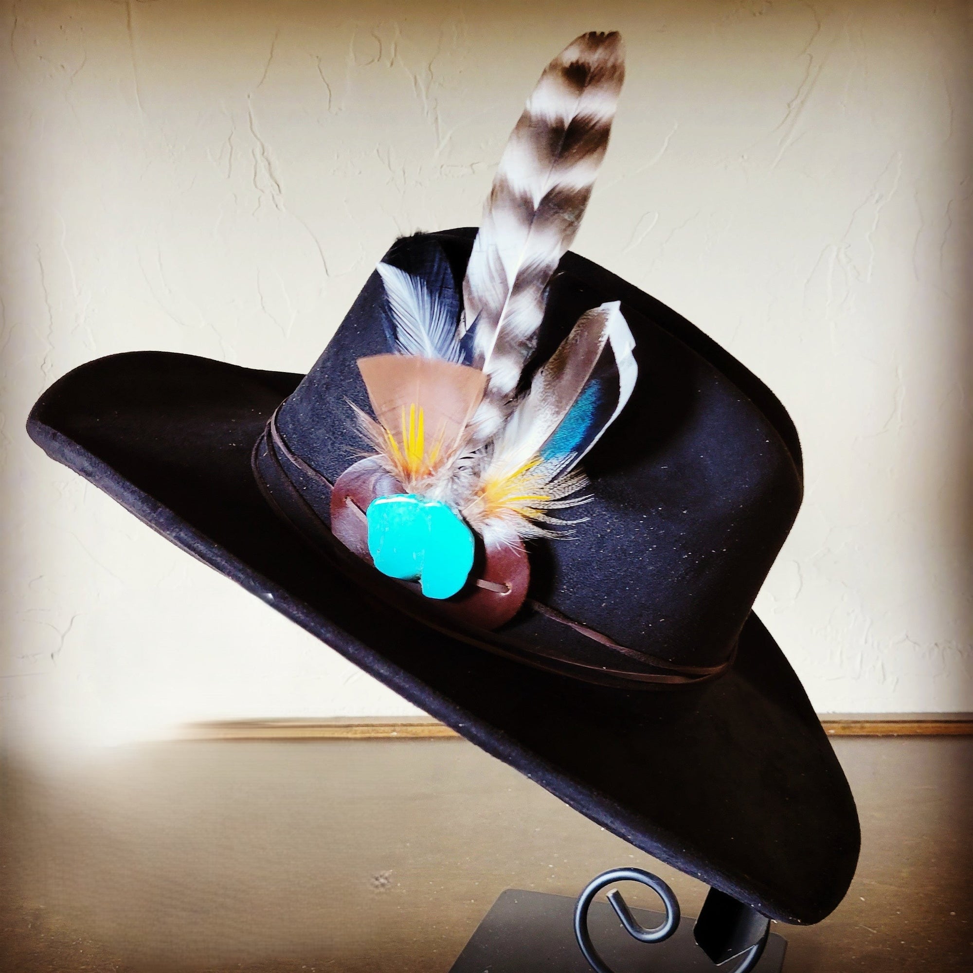 Turkey Feather &amp; Turquoise Slab Hat Band + Choice of Hat 985z