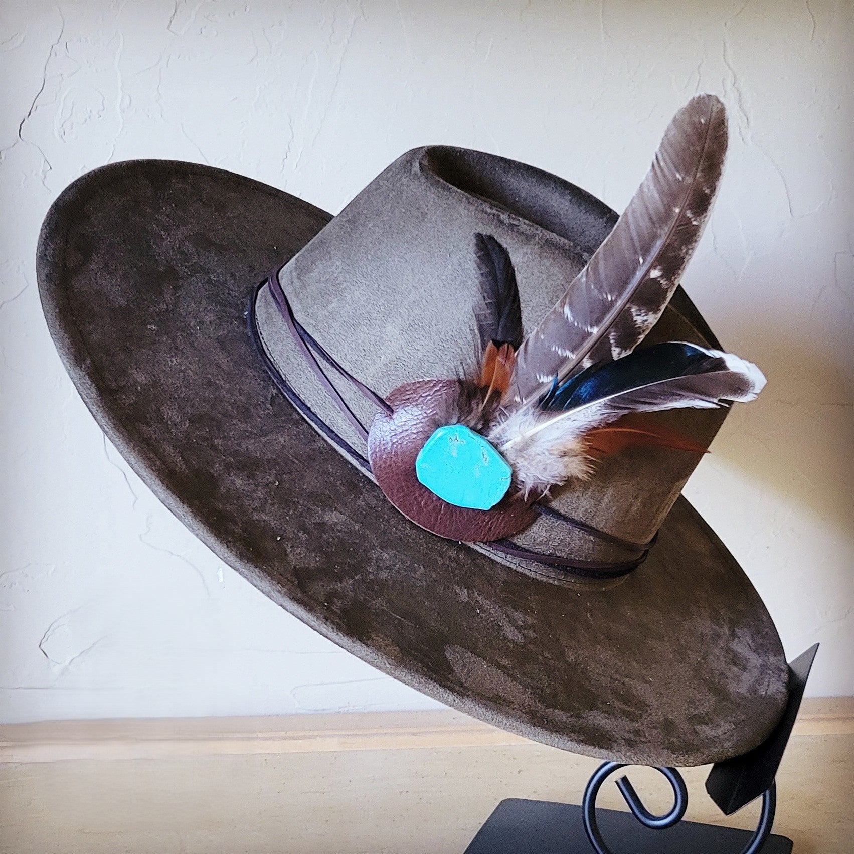 Turkey Feather &amp; Turquoise Slab Hat Band + Choice of Hat 985z