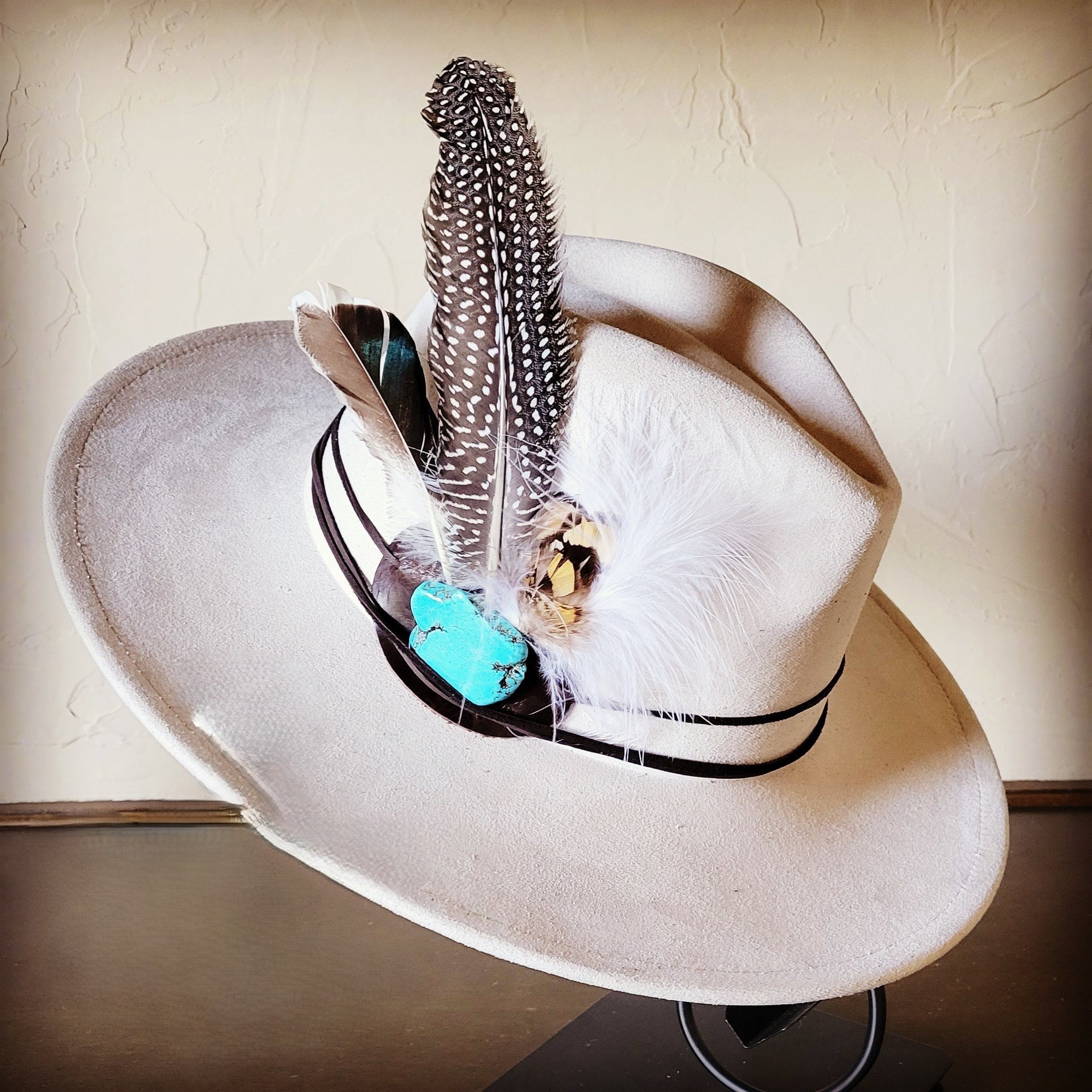 Guinea Marabou Feather &amp; Turquoise Slab Hat Band + Choice of Hat 985y