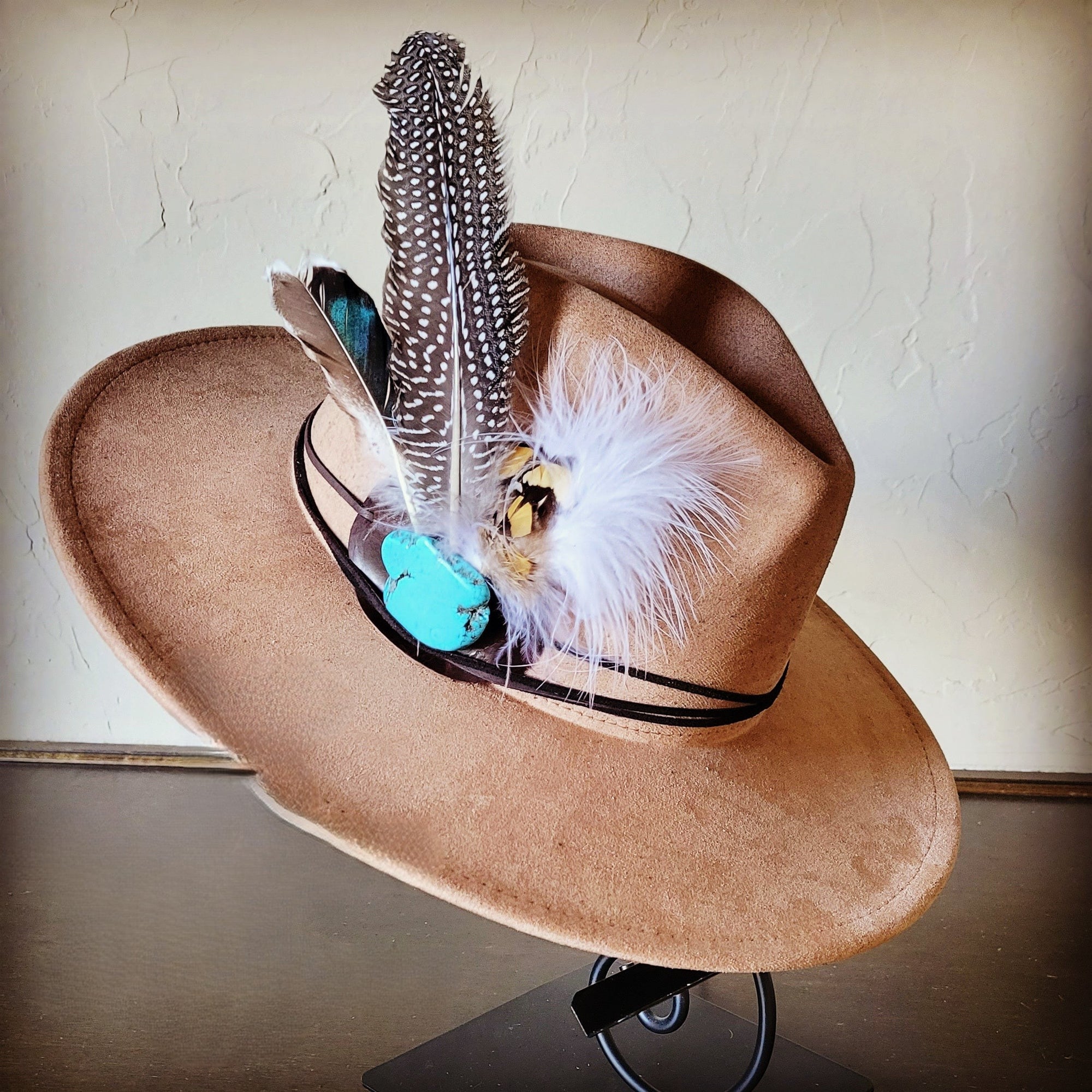 Guinea Marabou Feather &amp; Turquoise Slab Hat Band + Choice of Hat 985y