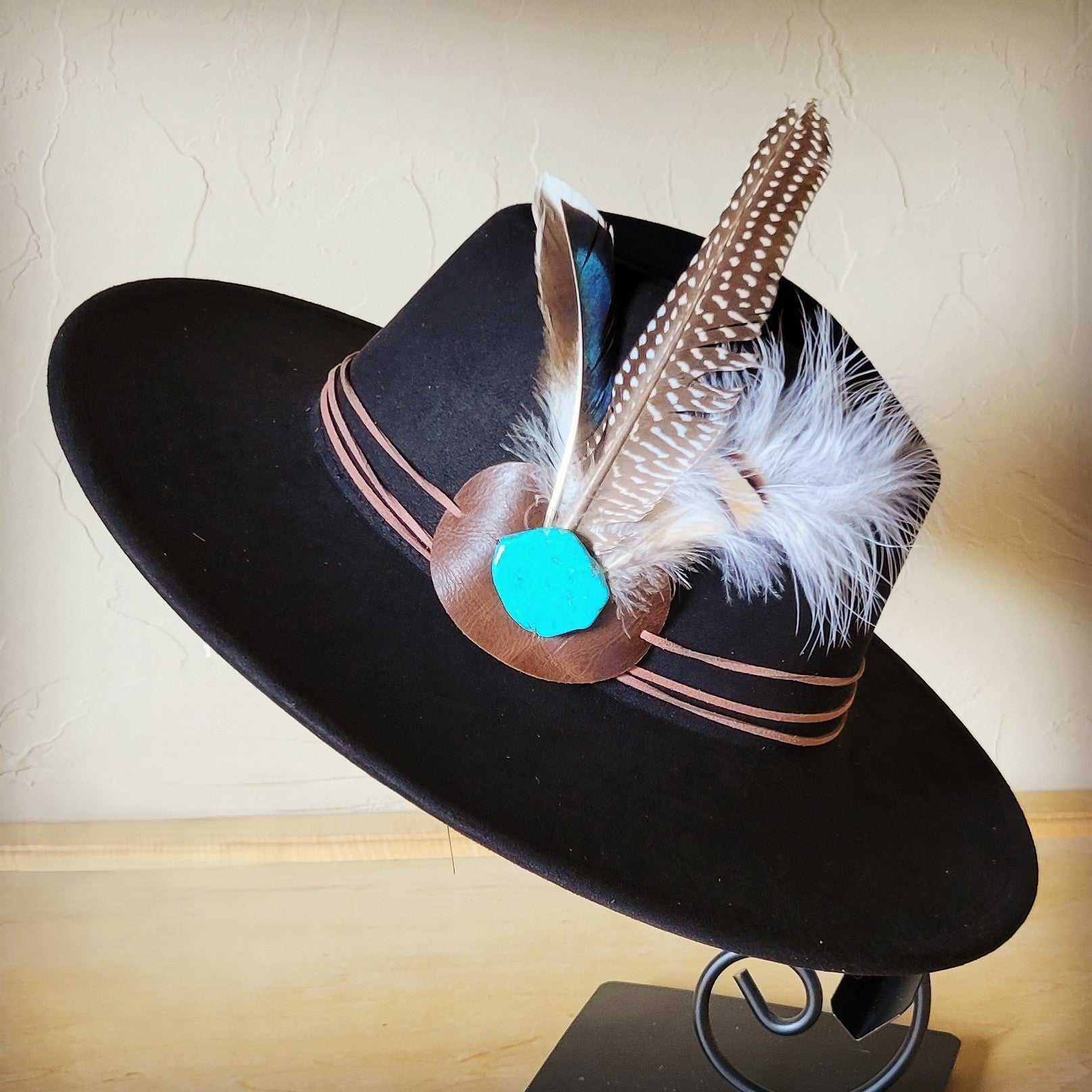 Guinea Marabou Feather &amp; Turquoise Slab Hat Band + Choice of Hat 985y
