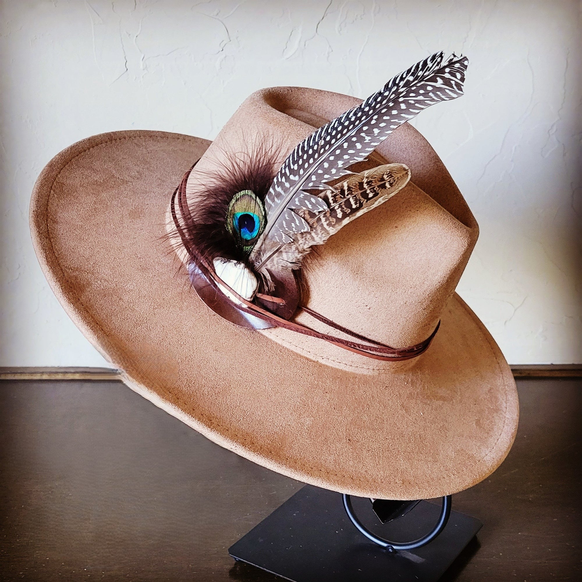 Peacock Guinea Feather &amp; Turquoise Slab Hat Band + Choice of Hat 985w