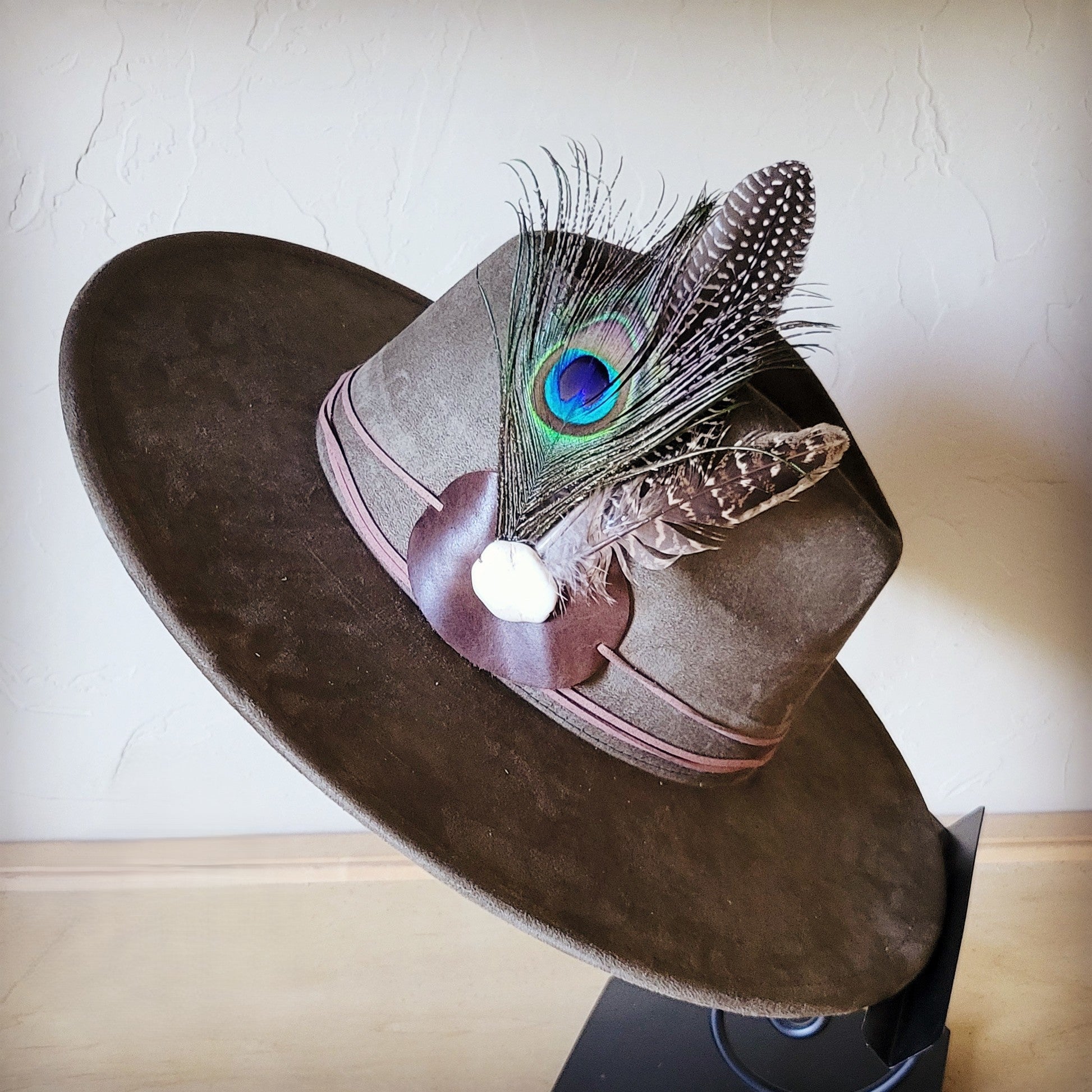 Peacock Guinea Feather &amp; Turquoise Slab Hat Band + Choice of Hat 985w
