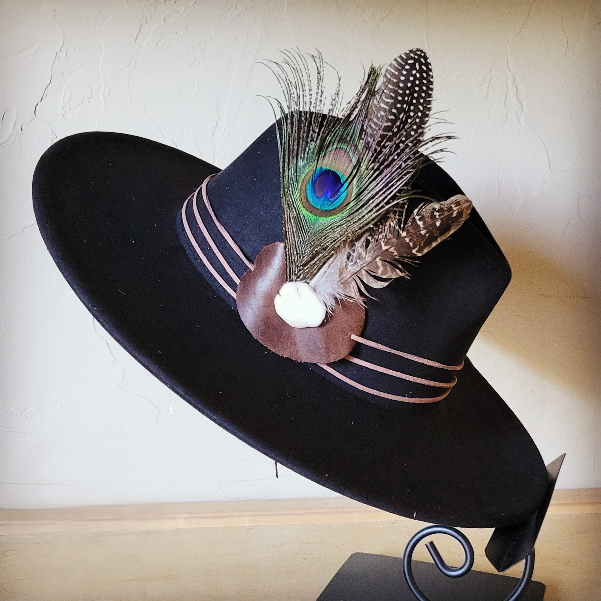 Peacock Guinea Feather &amp; Turquoise Slab Hat Band + Choice of Hat 985w