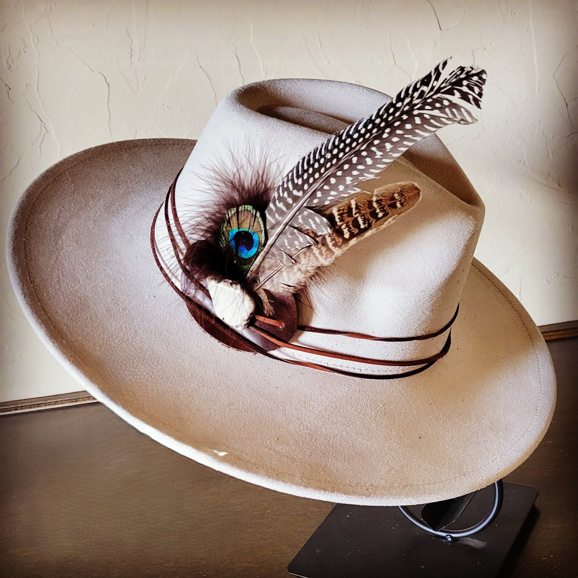 Peacock Guinea Feather &amp; Turquoise Slab Hat Band + Choice of Hat 985w