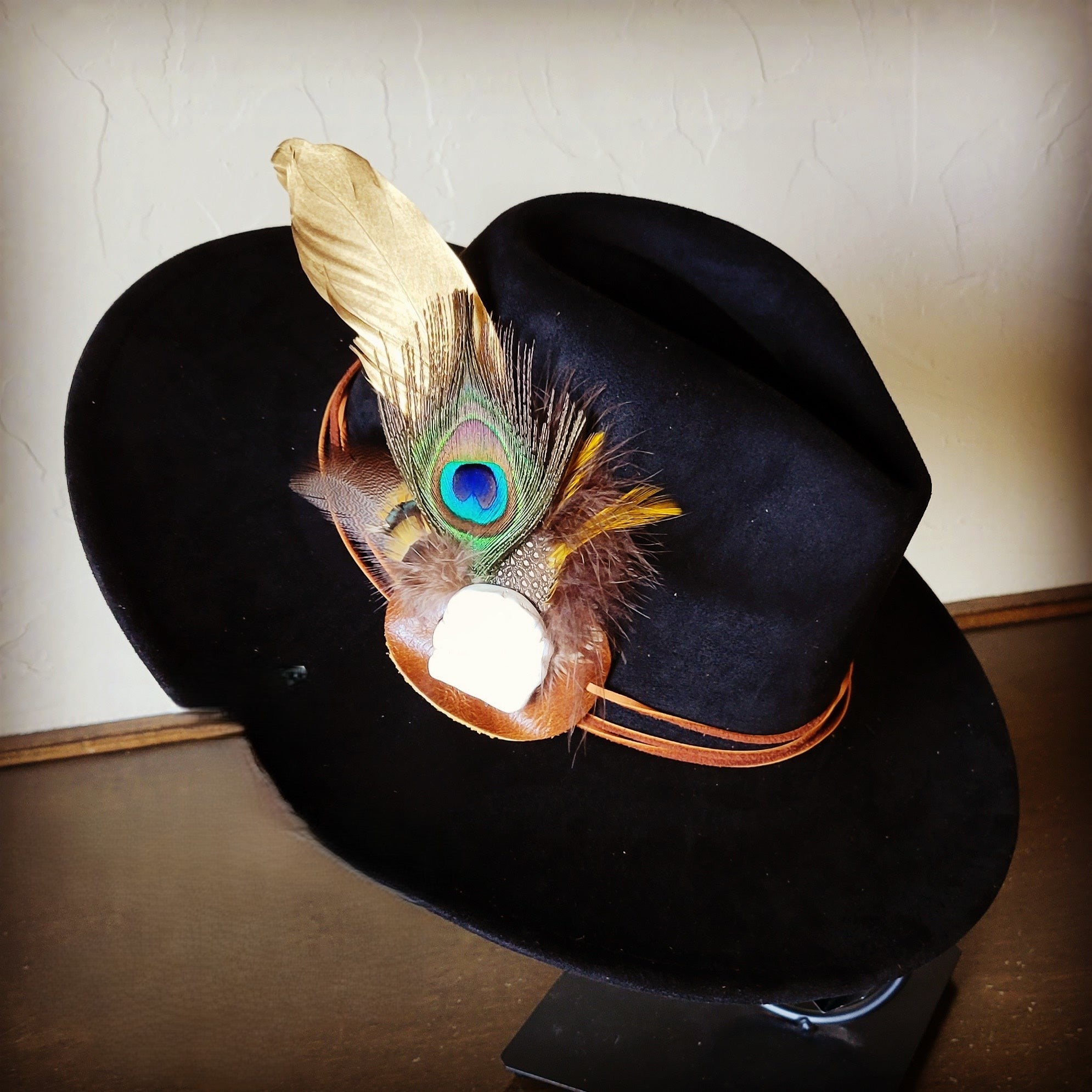Peacock Gold Feather &amp; Turquoise Slab Hat Band + Choice of Hat 985v
