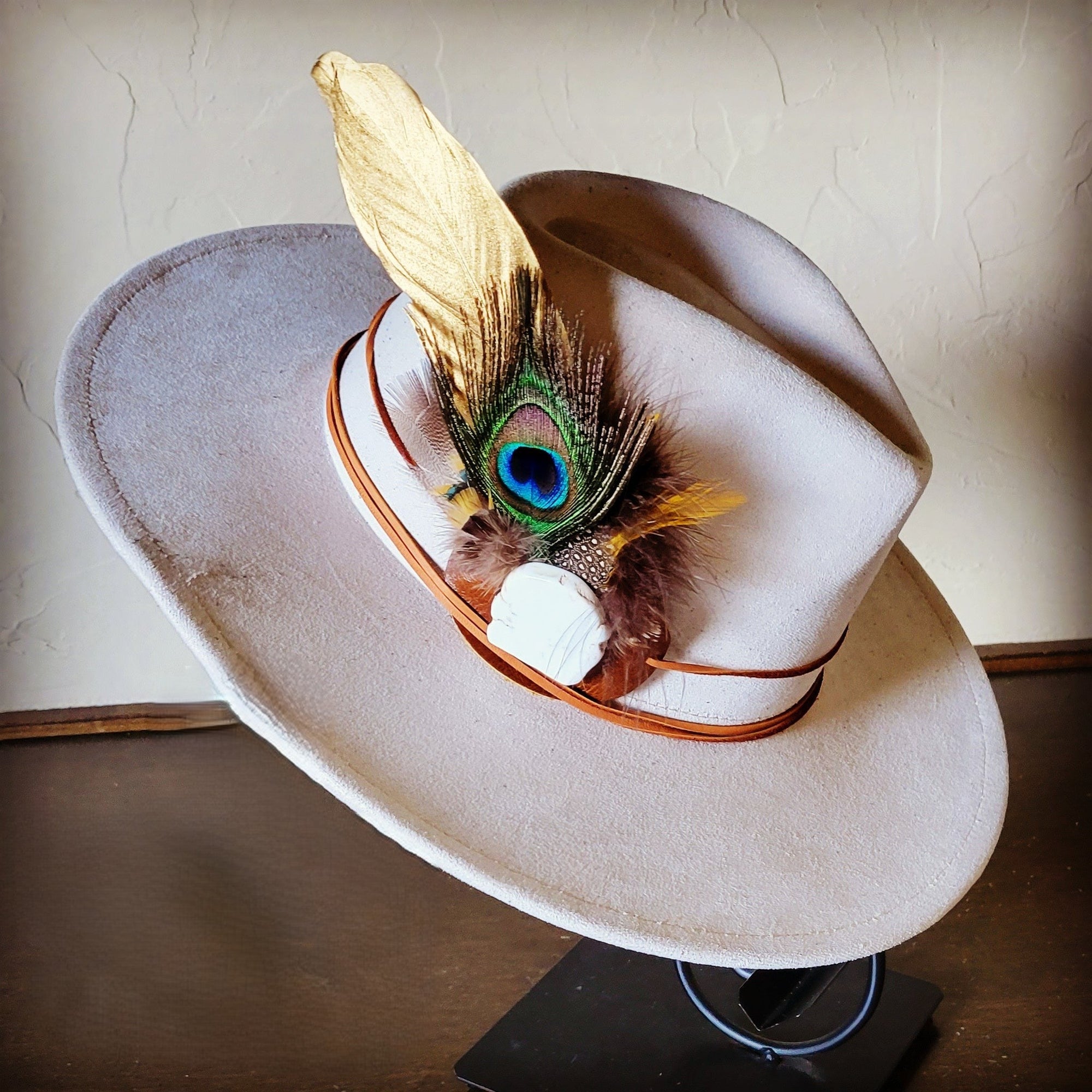 Peacock Gold Feather &amp; Turquoise Slab Hat Band + Choice of Hat 985v