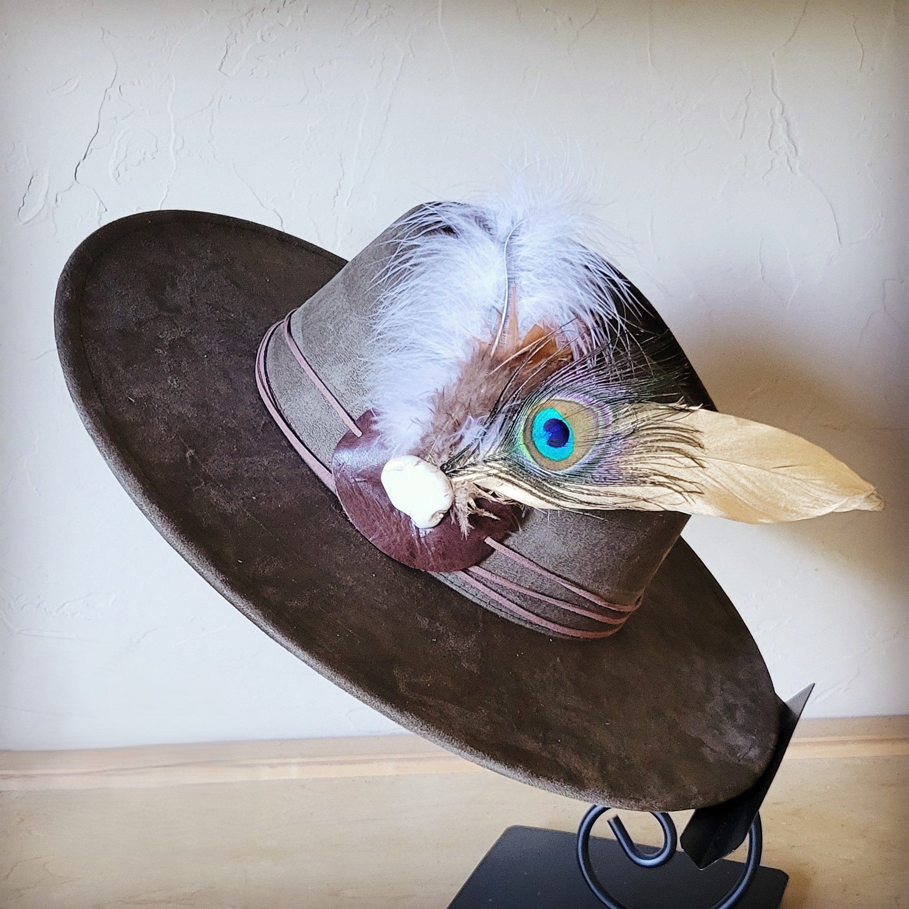 Peacock Gold Feather &amp; Turquoise Slab Hat Band + Choice of Hat 985v