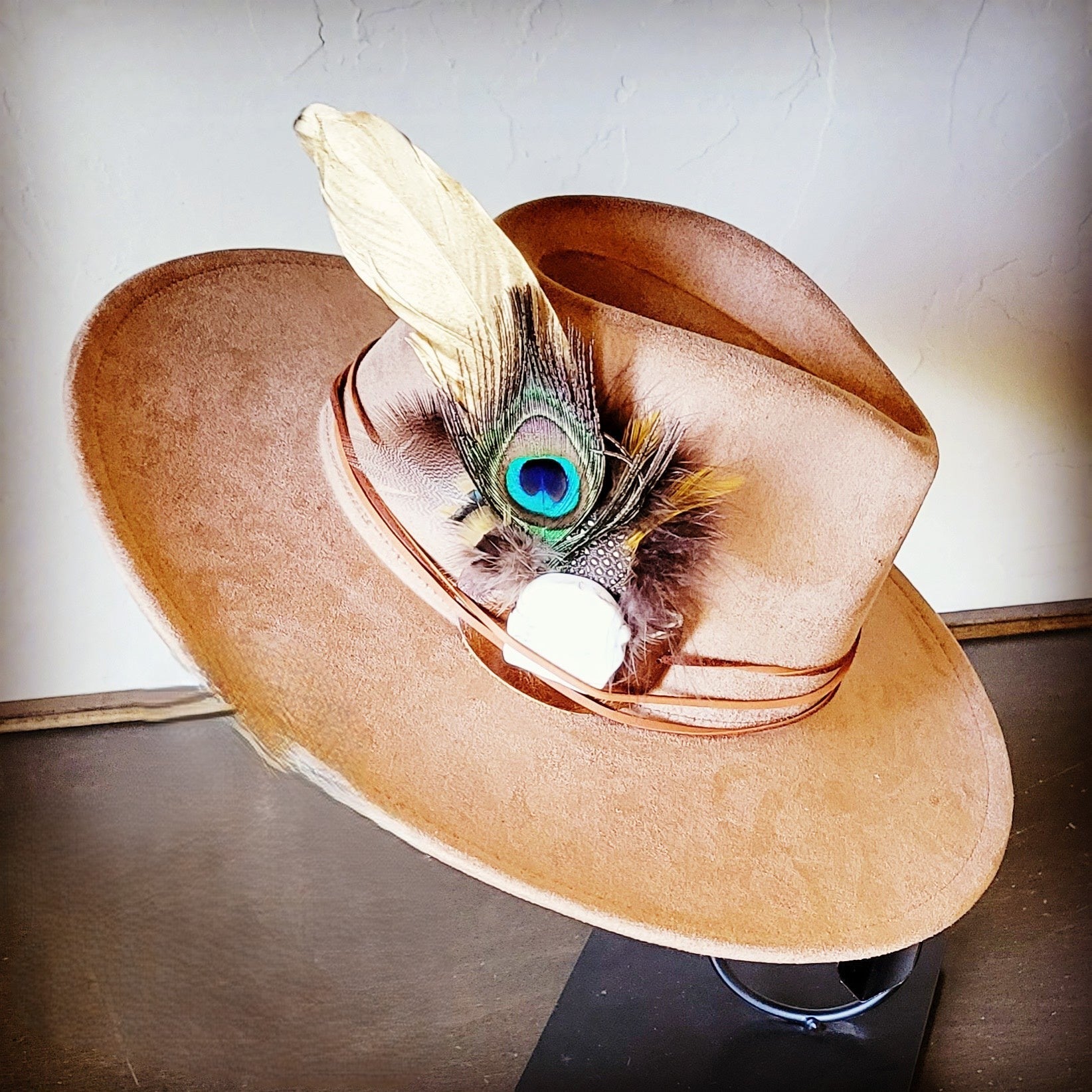 Peacock Gold Feather &amp; Turquoise Slab Hat Band + Choice of Hat 985v