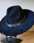 Blue Navajo Turquoise Slab Leather Band + Choice of Boho Hat 985p