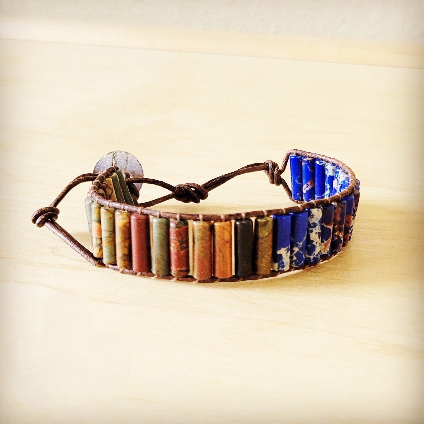 **Woven Picasso Jasper &amp; Lapis Beaded Bracelet 809z