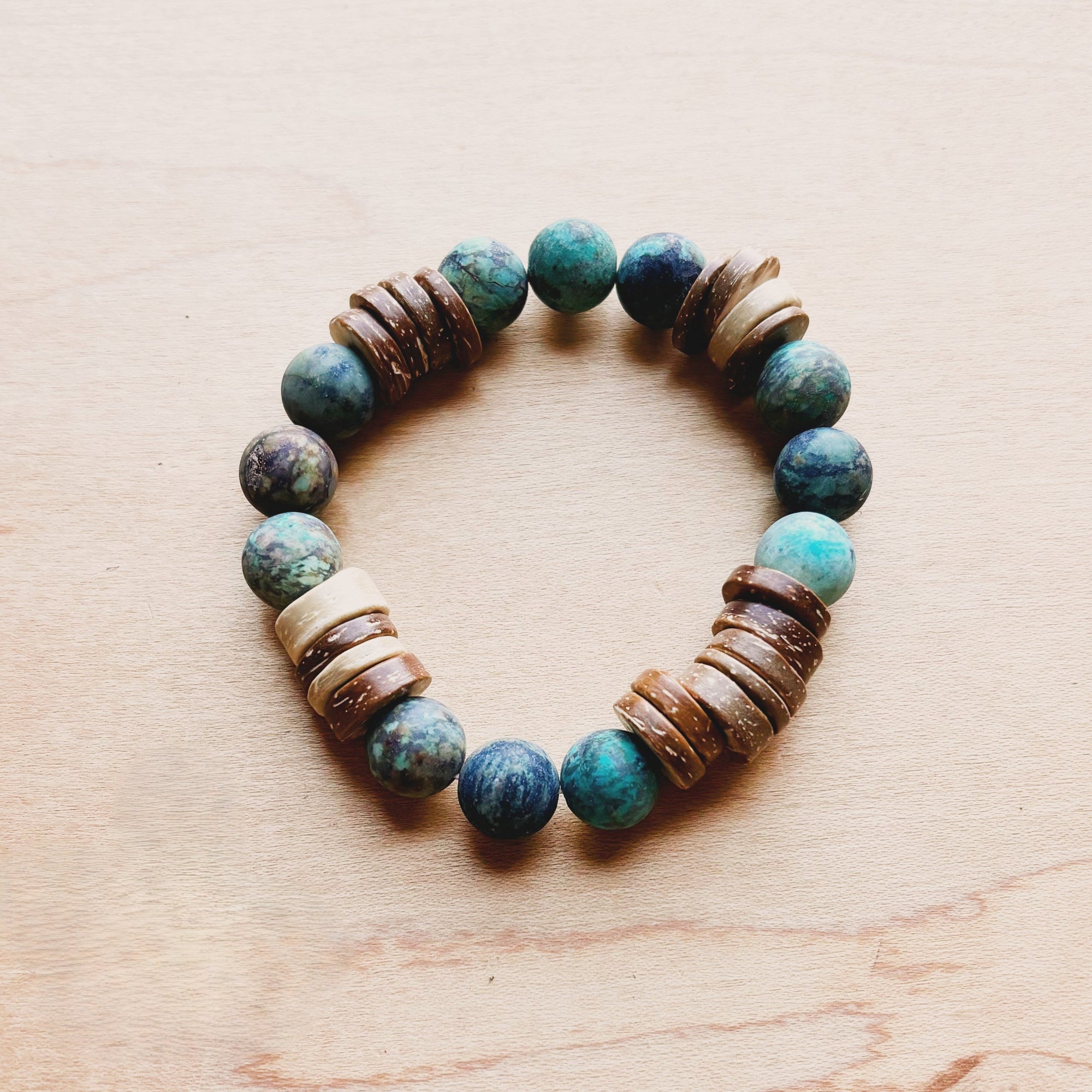 Frosted African Turquoise and Wood Stretch Bracelet (808x)