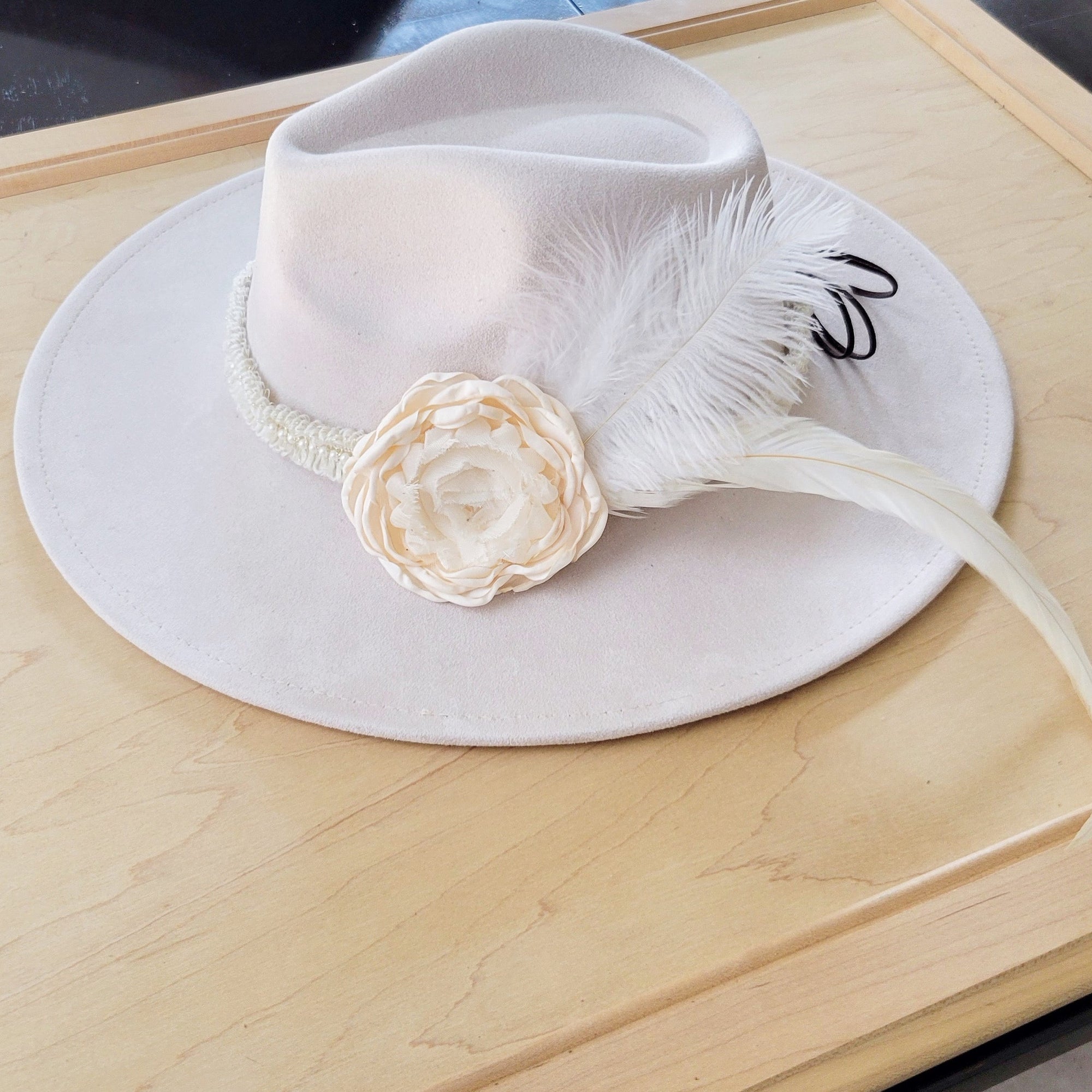 Lace &amp; Pearl Hat Band w/ Silk Flower &amp; Feathers-Ivory (Band Only) 952u