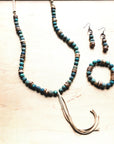 **Frosted African Turquoise Necklace Wood Beads Leather Tassel 257z