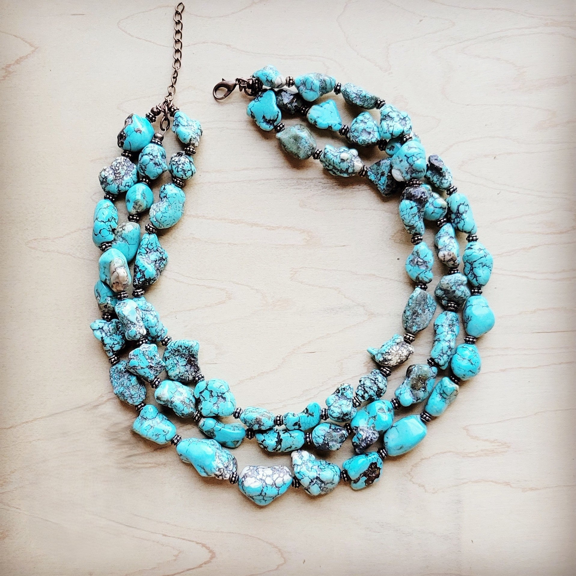 Large Triple Strand Blue Turquoise &amp; Copper Collar Necklace 259d
