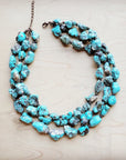 Large Triple Strand Blue Turquoise & Copper Collar Necklace 259d