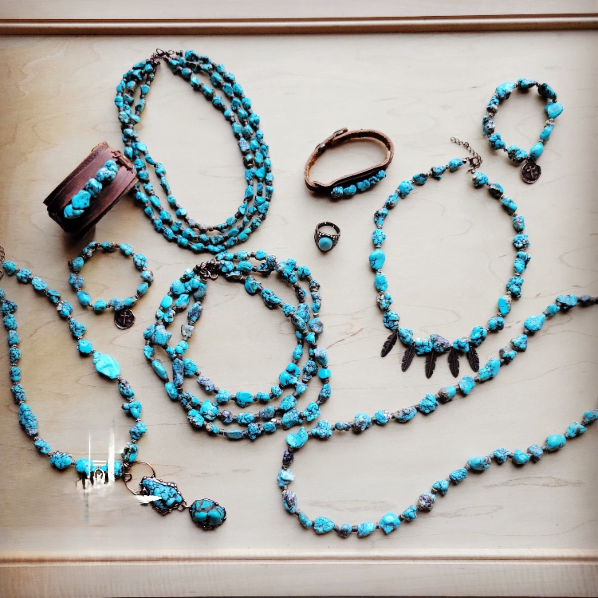 **Triple Strand Blue Turquoise &amp; Copper Collar Necklace 259e