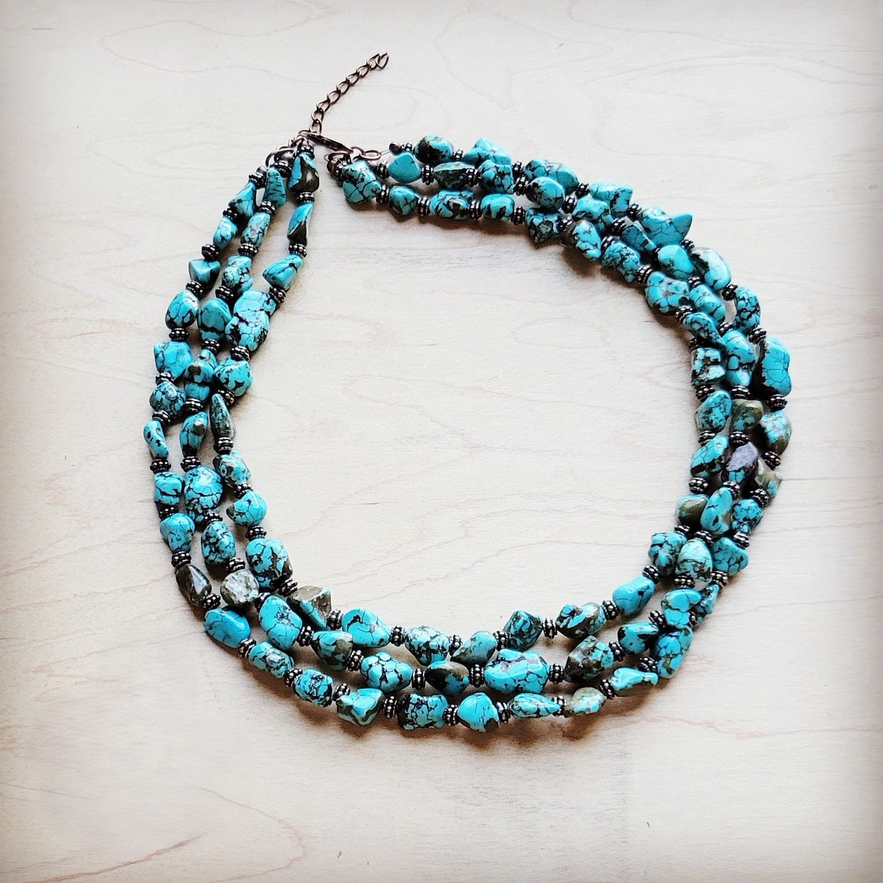 **Triple Strand Blue Turquoise &amp; Copper Collar Necklace 259e