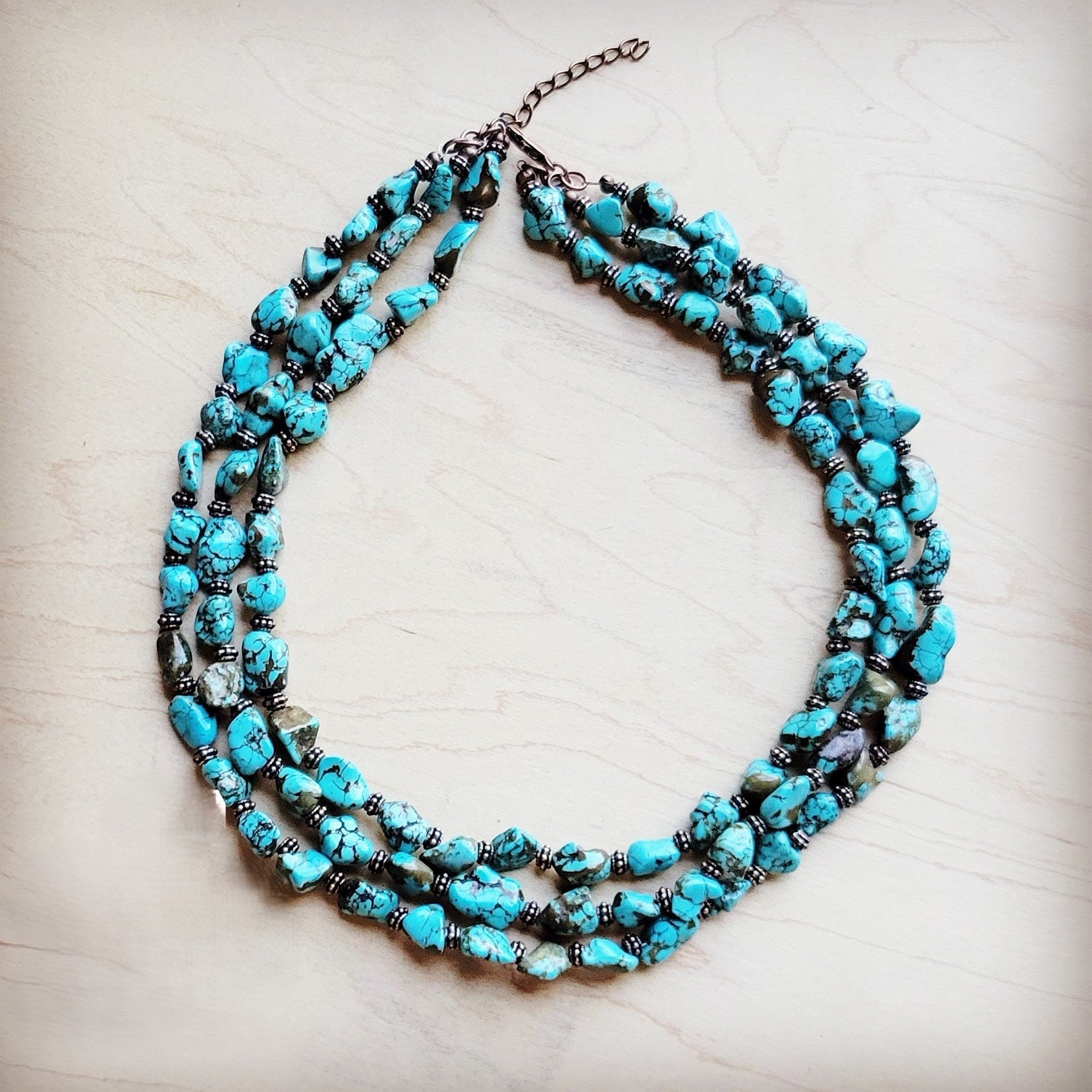 **Triple Strand Blue Turquoise &amp; Copper Collar Necklace 259e