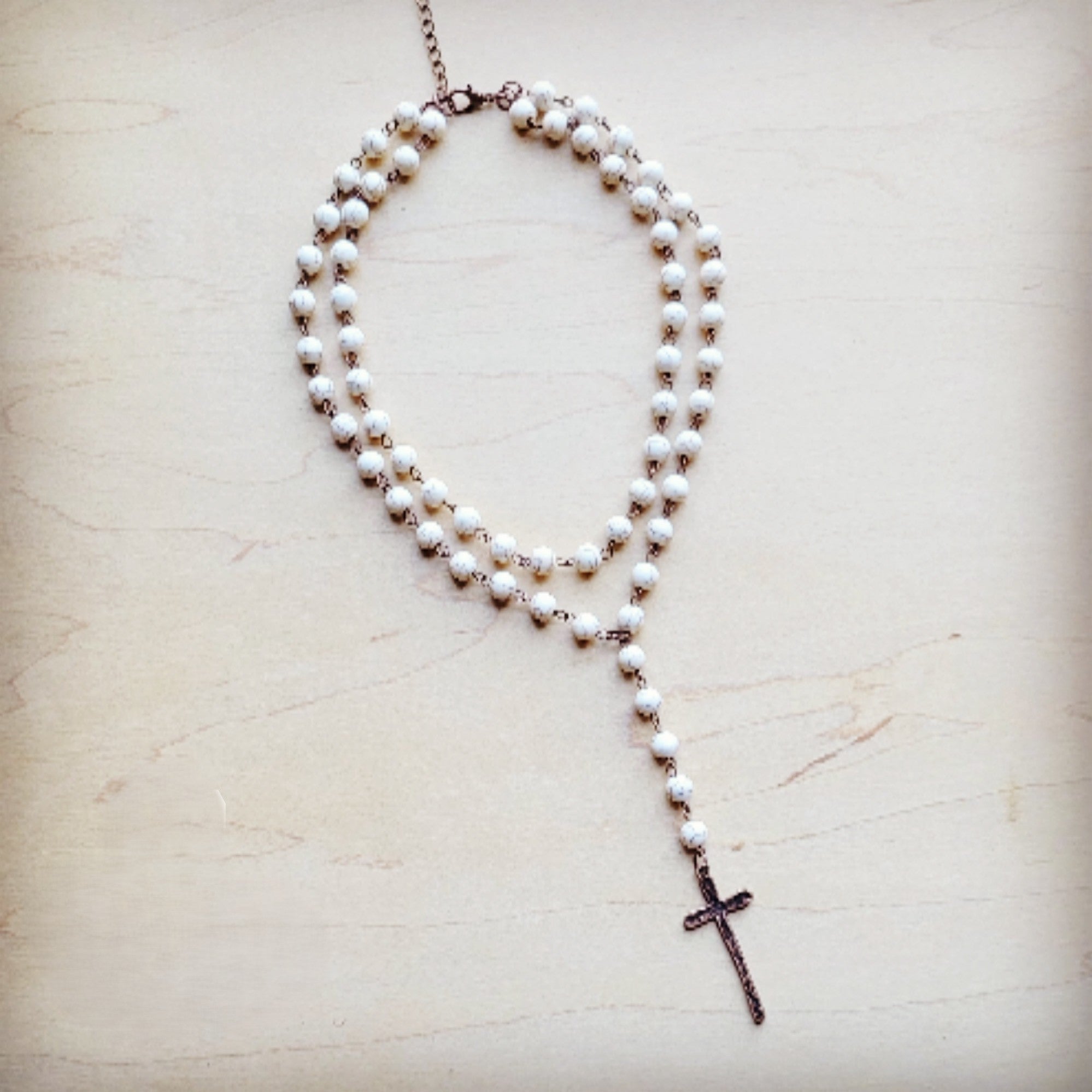 Double Strand Lariat White Turquoise Necklace w/ Cross Pendant 259r