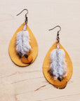 **Leather Teardrop Mustard Earrings w/ Feather Accents 220c