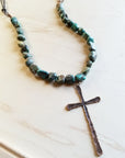 Natural Turquoise Beaded Necklace wi/ Copper Cross Pendant 242u