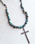 Natural Turquoise Beaded Necklace wi/ Copper Cross Pendant 242u