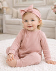 Cotton Baby Zipper Romper With Convertible Cuffs-Soft Coral