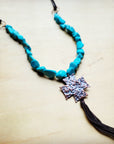 **Chunky Magnesite Beaded Cross Necklace w/ Leather Tassel 258j