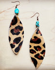 **Leather narrow Oval Earrings in Leopard w/ Turquoise Accent 206u
