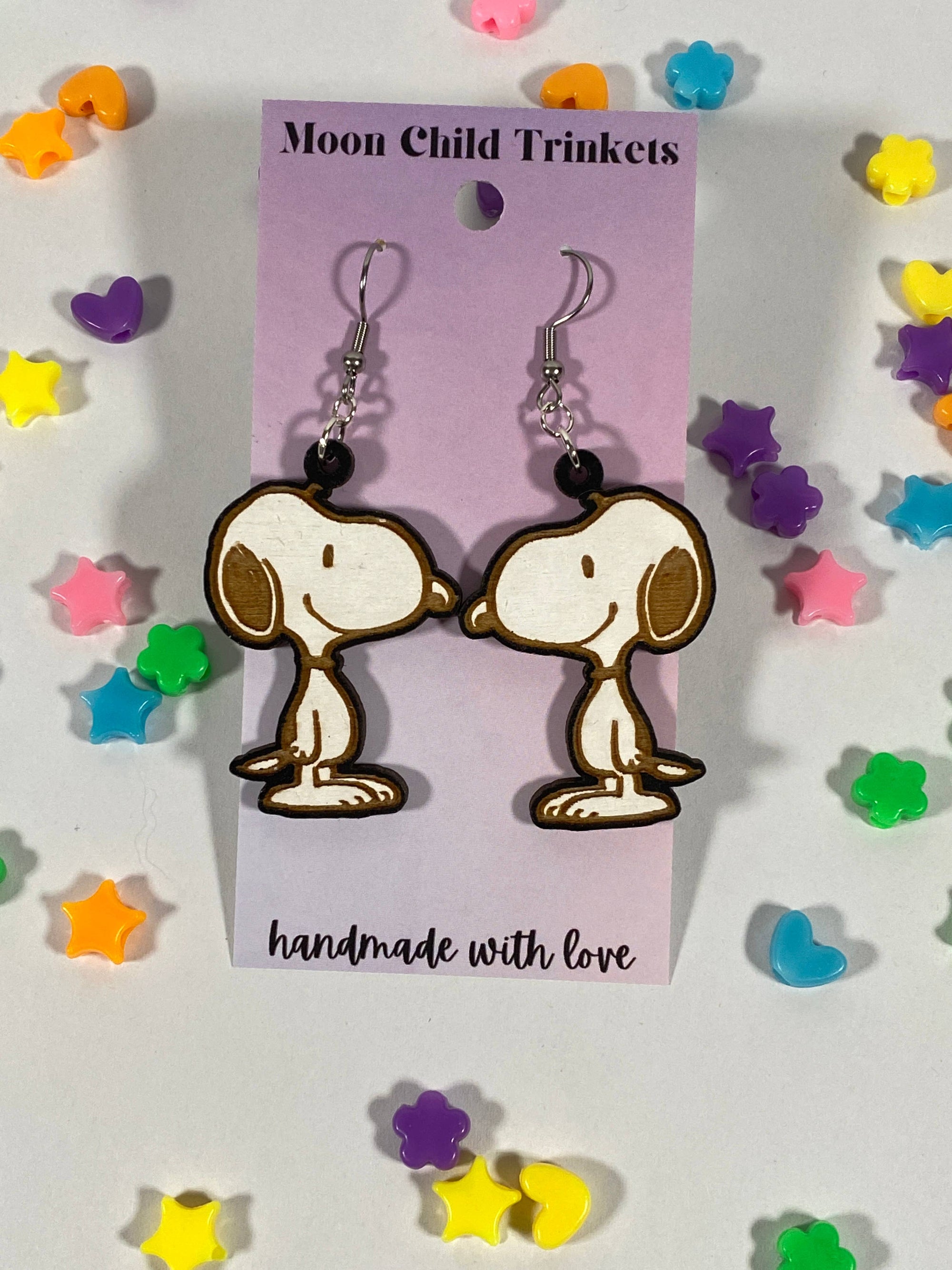 Cartoon Comic Beagle Dog Hand Painted Wood Dangle Earrings