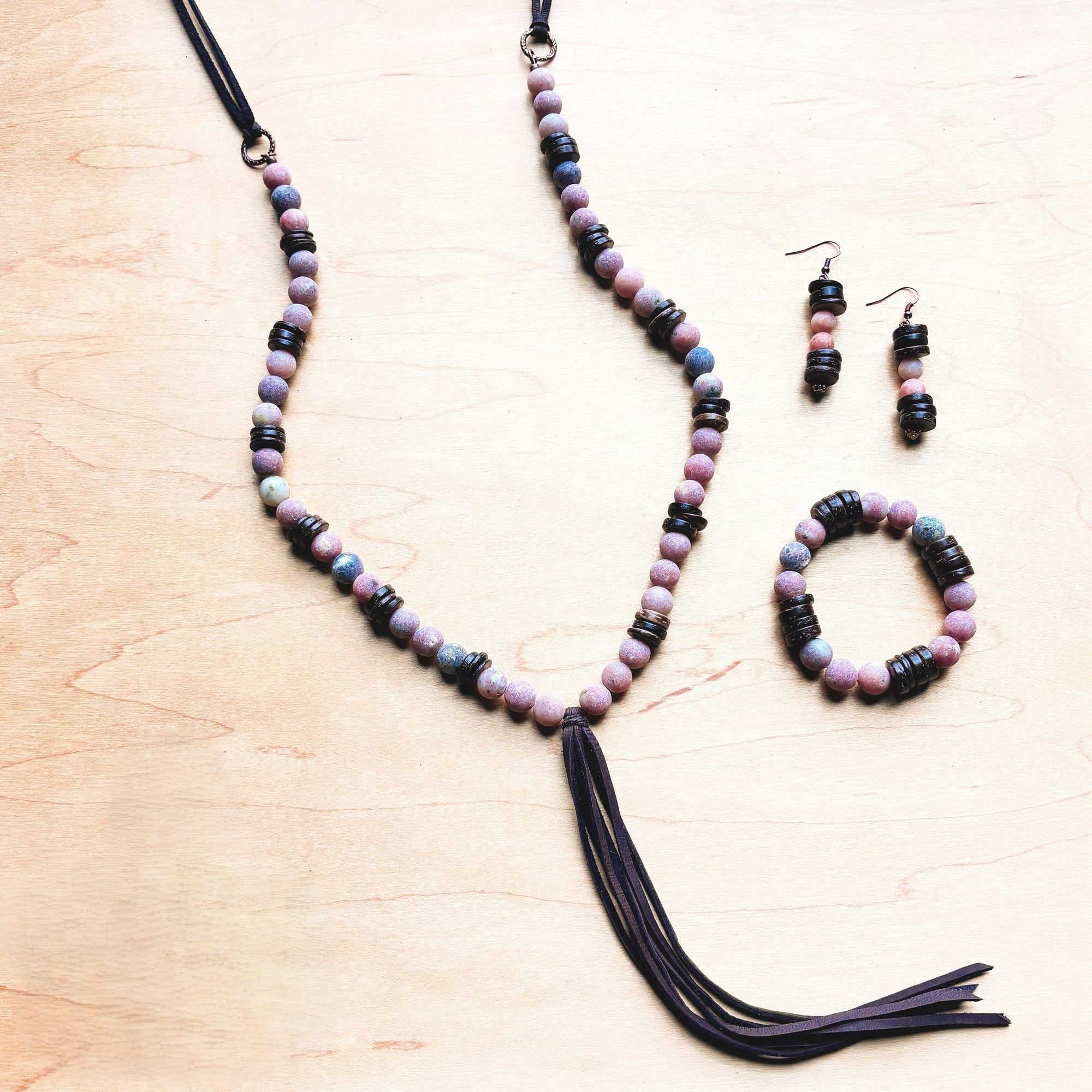 **Frosted Marble Jasper Necklace w/ Wood Beads &amp; Leather Tassel 258b