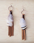 Boho Tan Deer Skin Leather Tassel Earring-Brown Feather 217c
