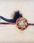 Leather Hat Band w/ Silk Flower & Feathers-Old Gold (Band Only) 952v